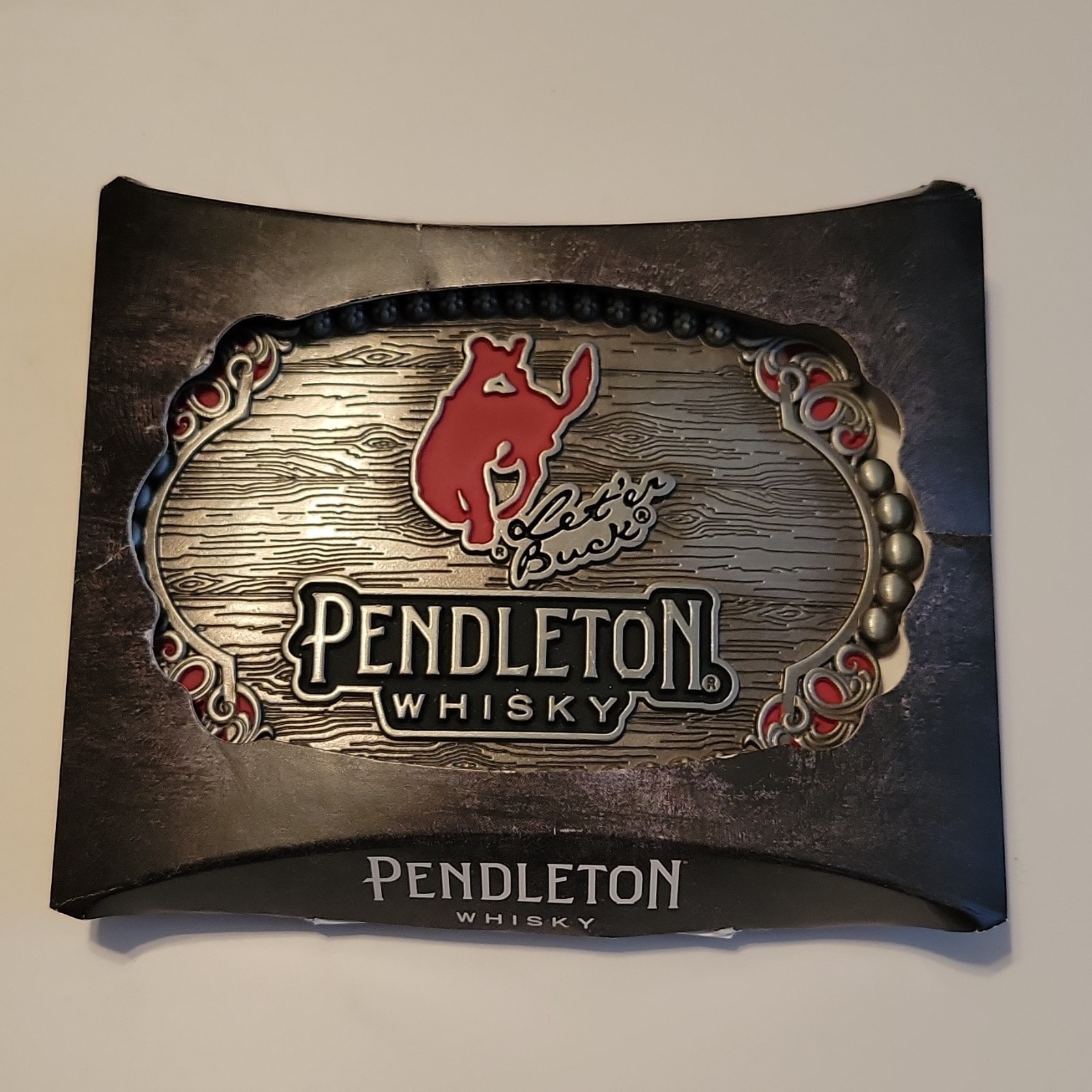 Pendleton Whisky Let&rsquo;er Buck Western Cowboy Rodeo Belt Buckle Logo Silver