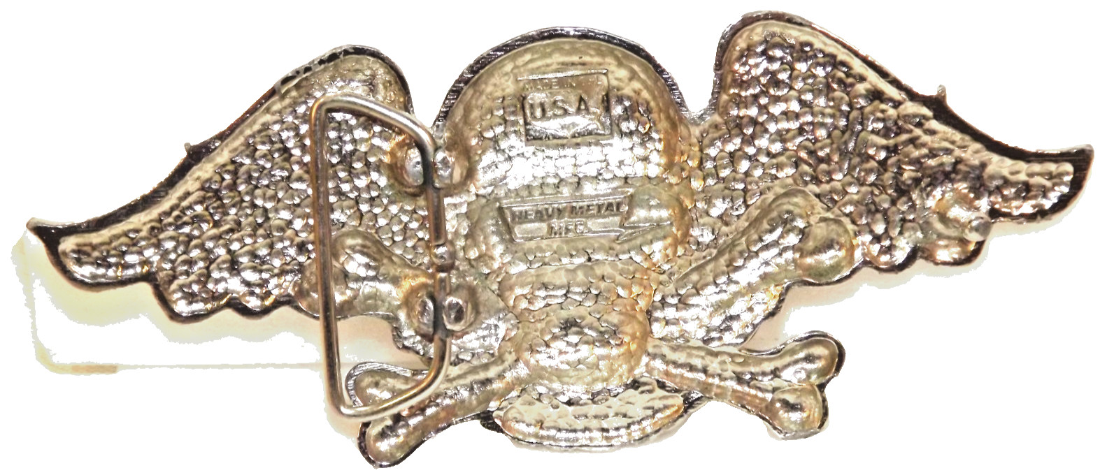 Skull Heavy Metal Belt Buckle Cross Bones w Wings Silver Tattoo Size 6&Prime;x 2.5&Prime;