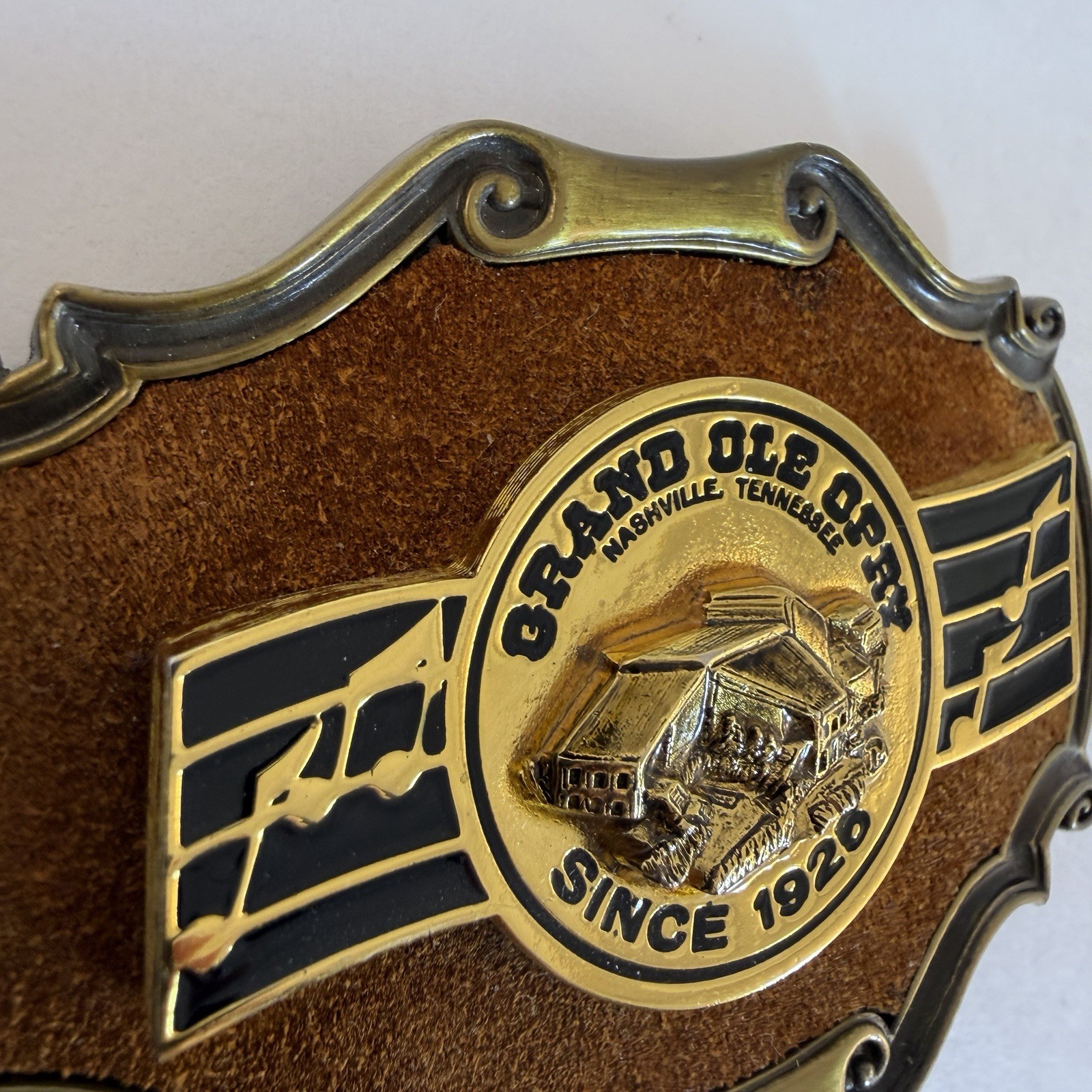 RainTree Grand Ole Opry Metal Brushed Suede Western Belt Buckle 3.75 Inch 1970’s