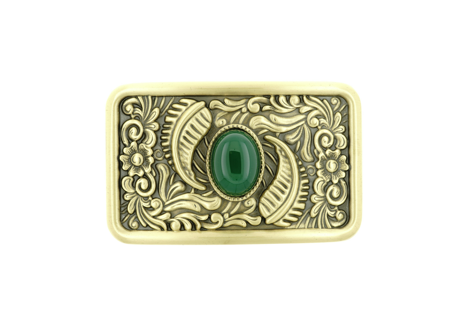 Western Flower Pattern with Green Stone Rectangle Solid Brass Metal Belt Buckle