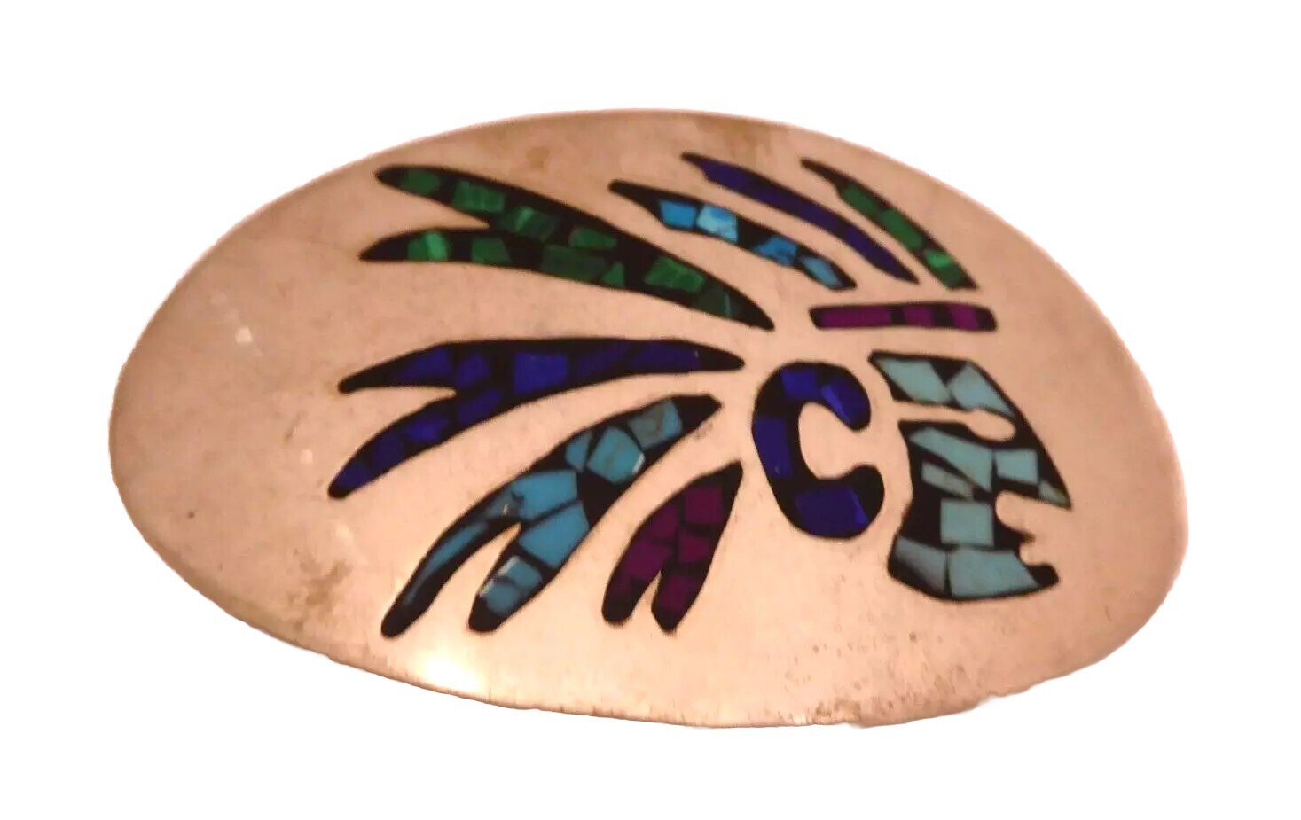Native American Headdress Belt Buckle Turquoise Coral Inlay Mexico Vintage