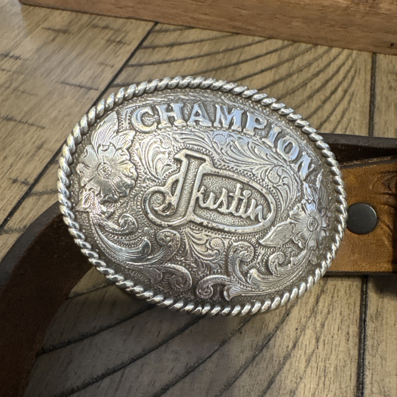 Justin Leather Belt Size 28 Brown Tooled Champion Buckle Western Rodeo