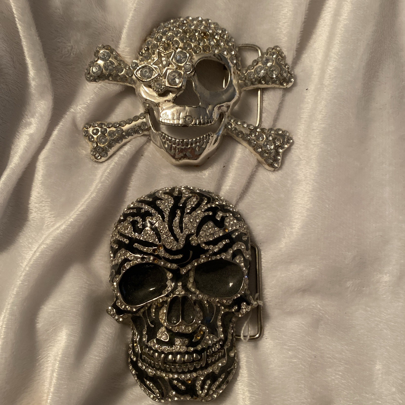 Skull Belt Buckle Lot (2) Silver Bling Rhinestone Punk Horror Gothic Pirate