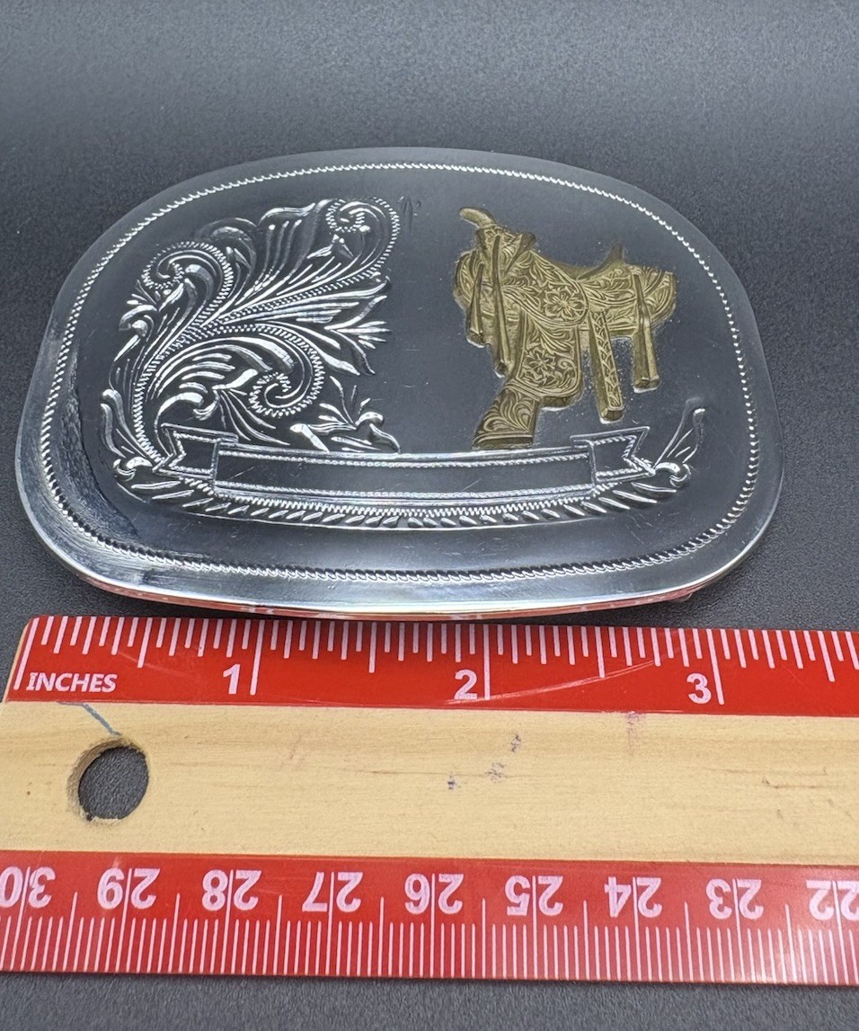 Silver Tone Engraved Western Cowboy Belt Buckle With 3D Bronze Tone Saddle