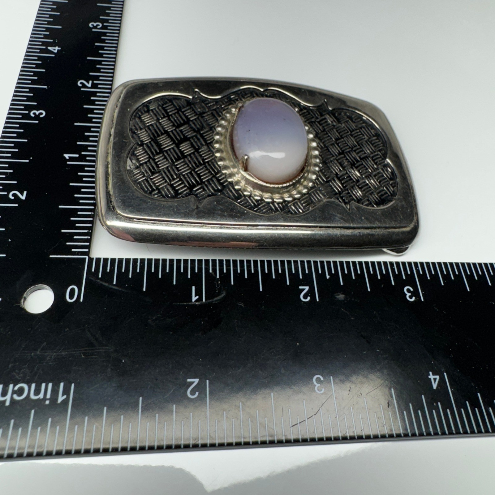 Vintage Western Style Oval Stone Belt Buckle Silver Tone Woven Pattern