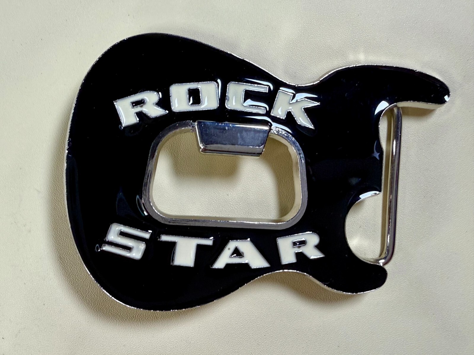 Rock Star Musician Guitar Body with Bottle Opener Black Enameled Belt Buckle