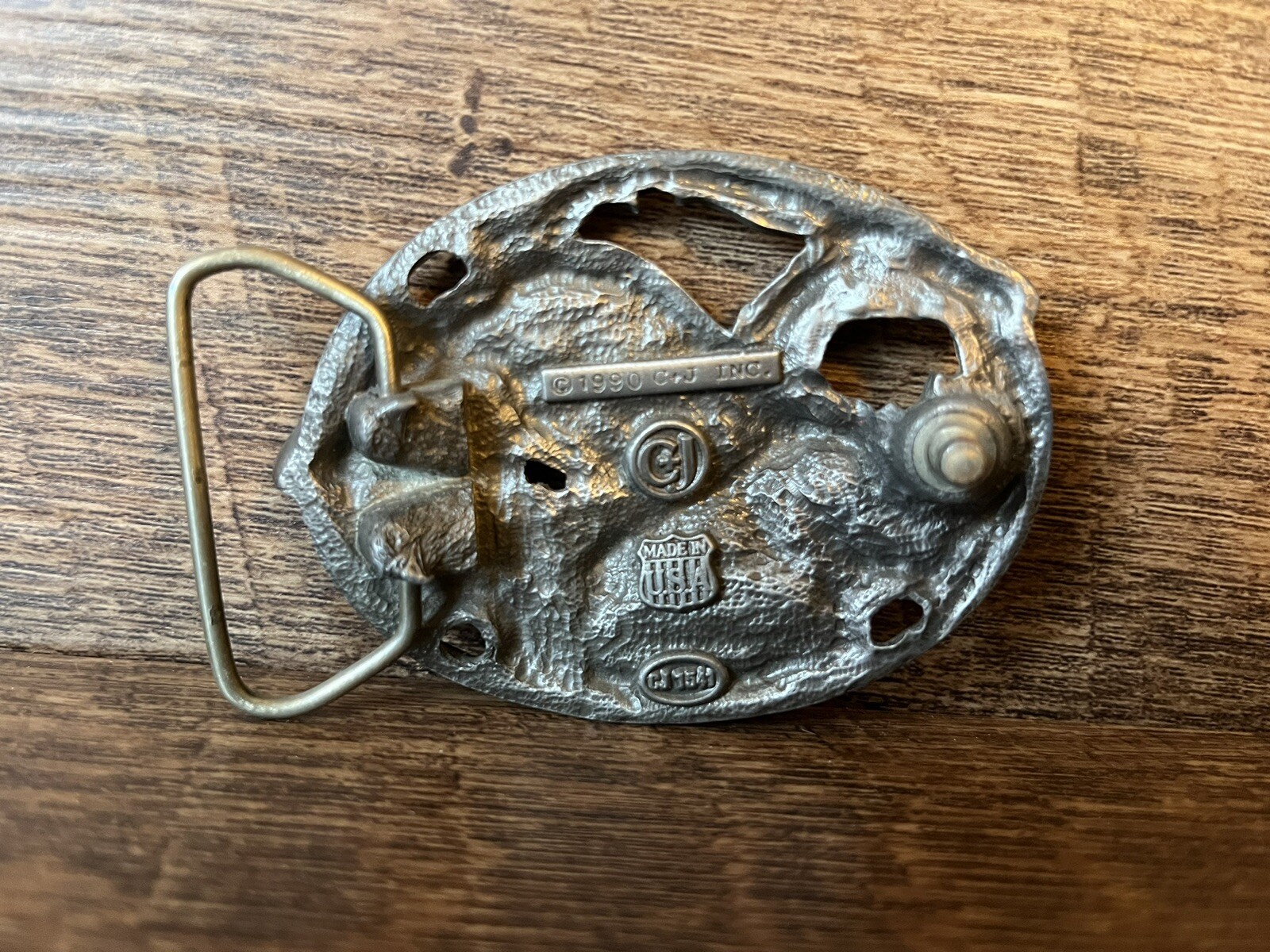C & J VTG 90s Flying Eagle Belt Buckle Enamel Glaze USA Made Pewter Look NICE!