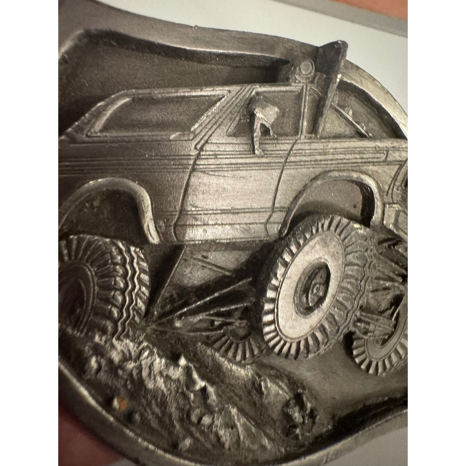 Vintage Monster Truck 4×4 Off Road SUV Belt Buckle Silver Tone 3D Relief 1988