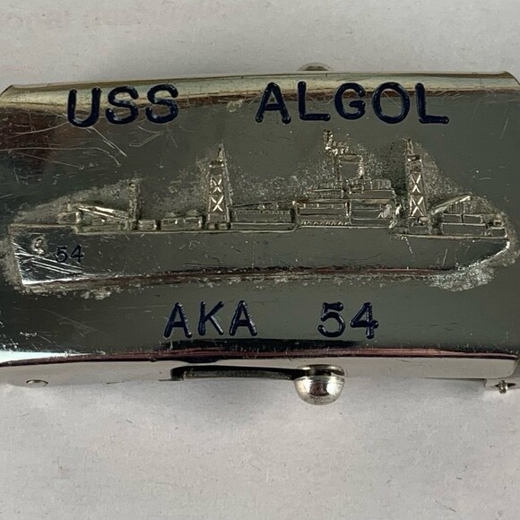 U.S. Navy belt buckle. “U.S.S. Algol AKA-54. Raised ship graphic.