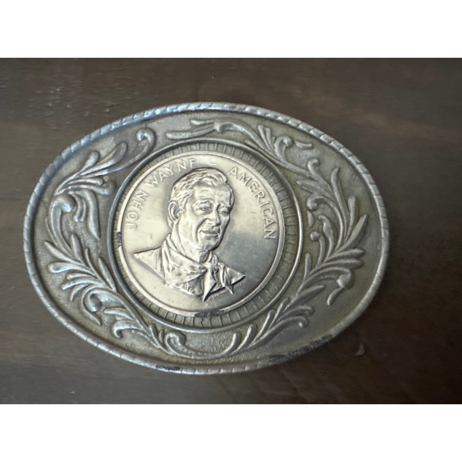 Vintage John Wayne American Belt Buckle Silver Tone Western Oval The Duke 3 Inch