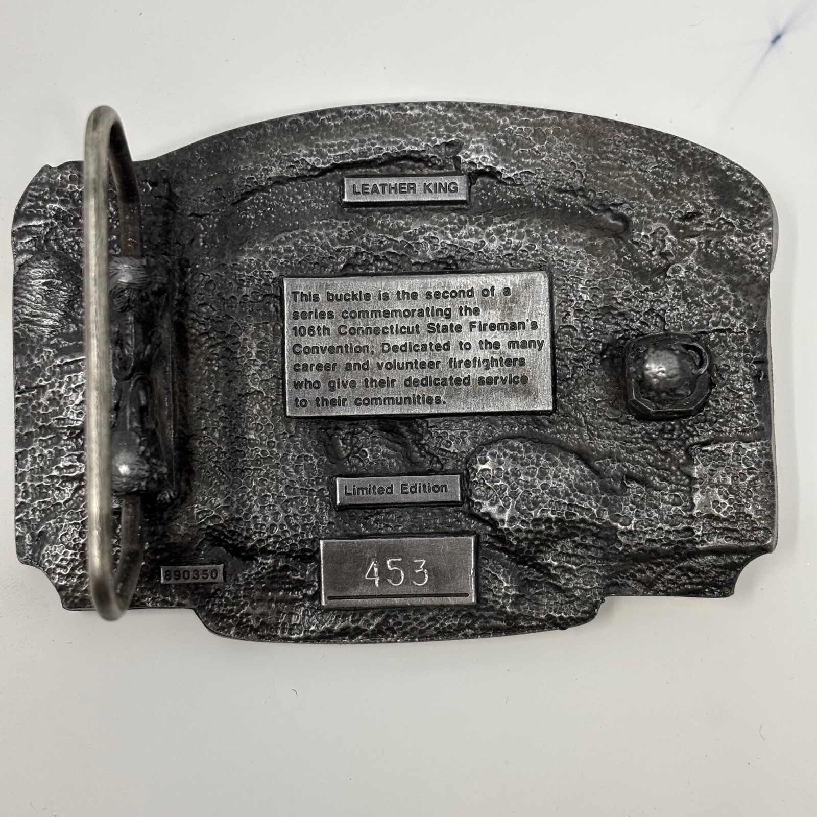 Leather King 106th Connecticut State Fireman&rsquo;s Convention Belt Buckle 1989 #453