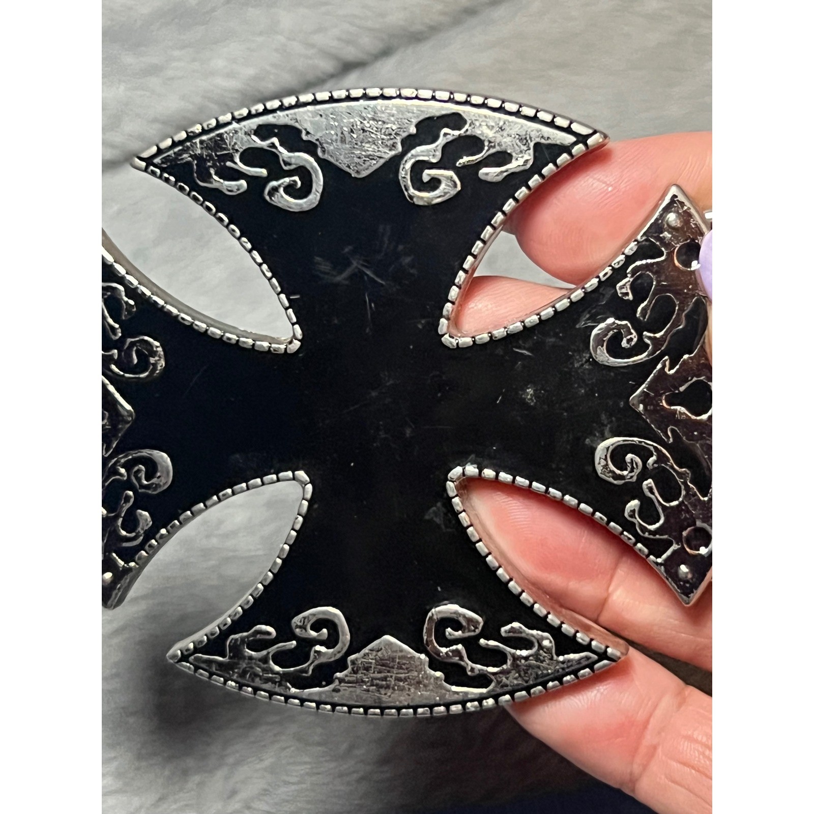 Silver Tone Maltese Cross Belt Buckle Gothic Western Biker Style 3.5in