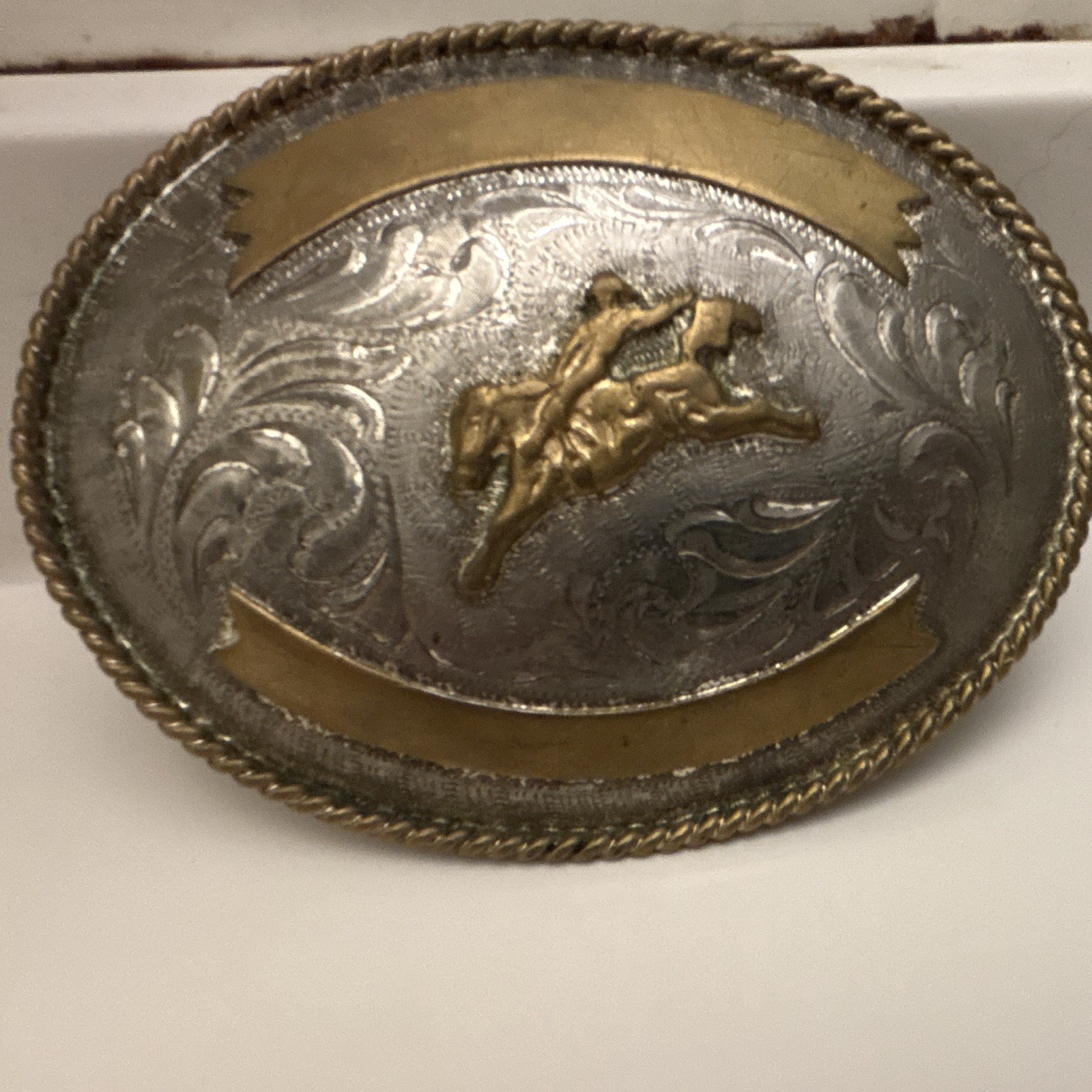 PRCA Pattie Oval Western Belt Buckle Silver/Gold Rope Edge Horse Rider Floral