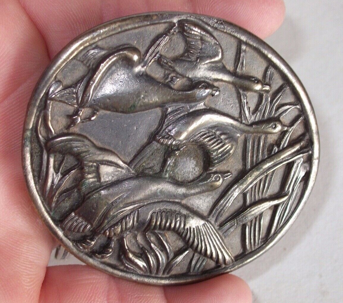 Flying Ducks/Geese Belt Buckle By Wyoming Studio Art Works Pewter Oval Smaller