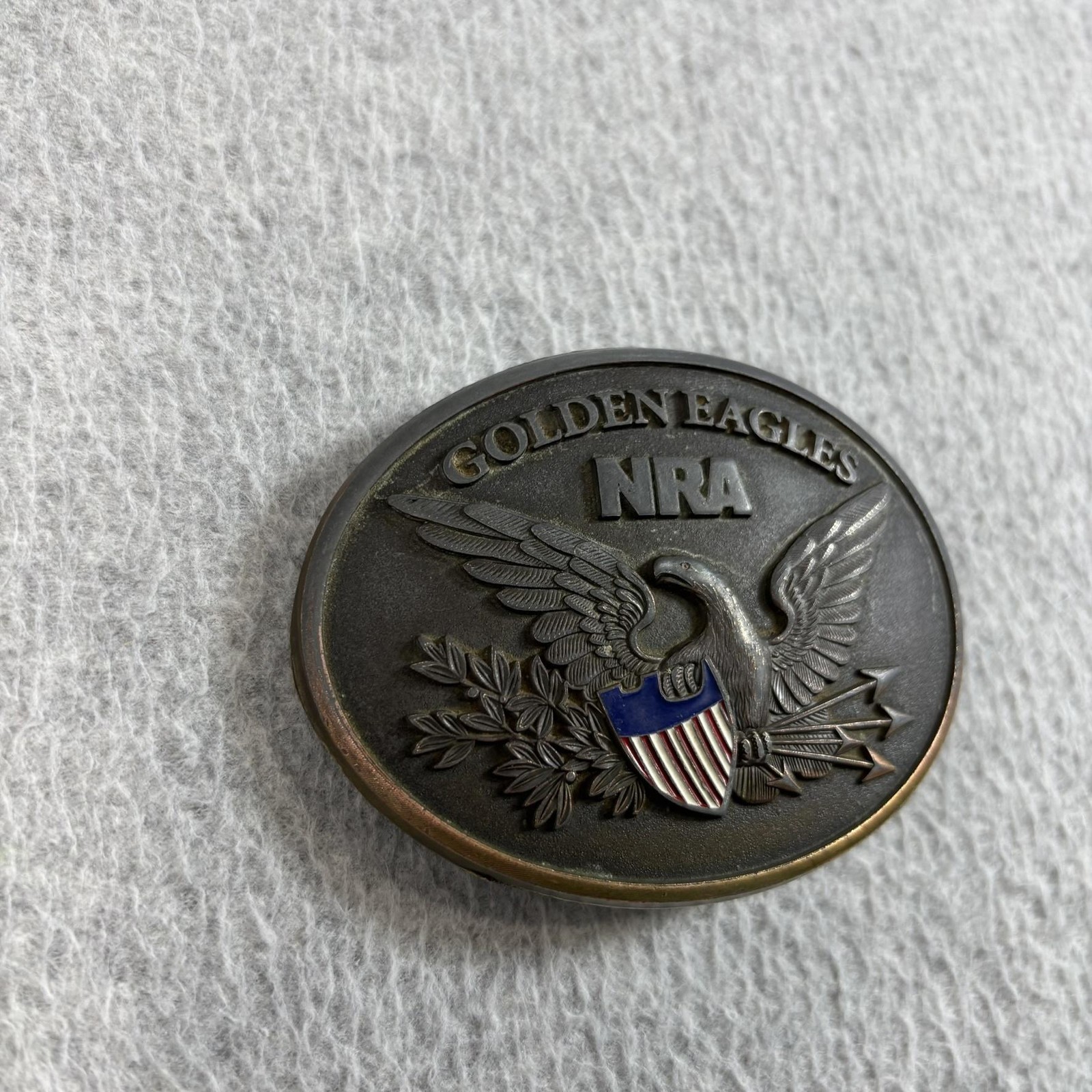 Vintage NRA Golden Eagles Belt Buckle Mens Brass Tone Patriotic USA Flag Y2K
