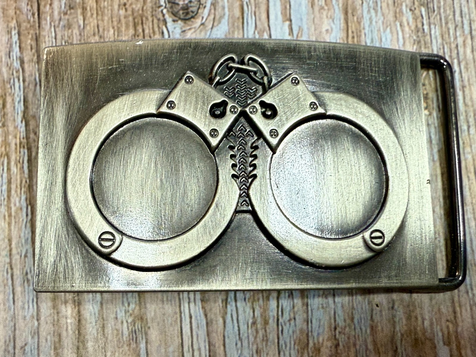 Hand Cuffs Raised Handcuffs on Silver Color Rectangular Belt Buckle