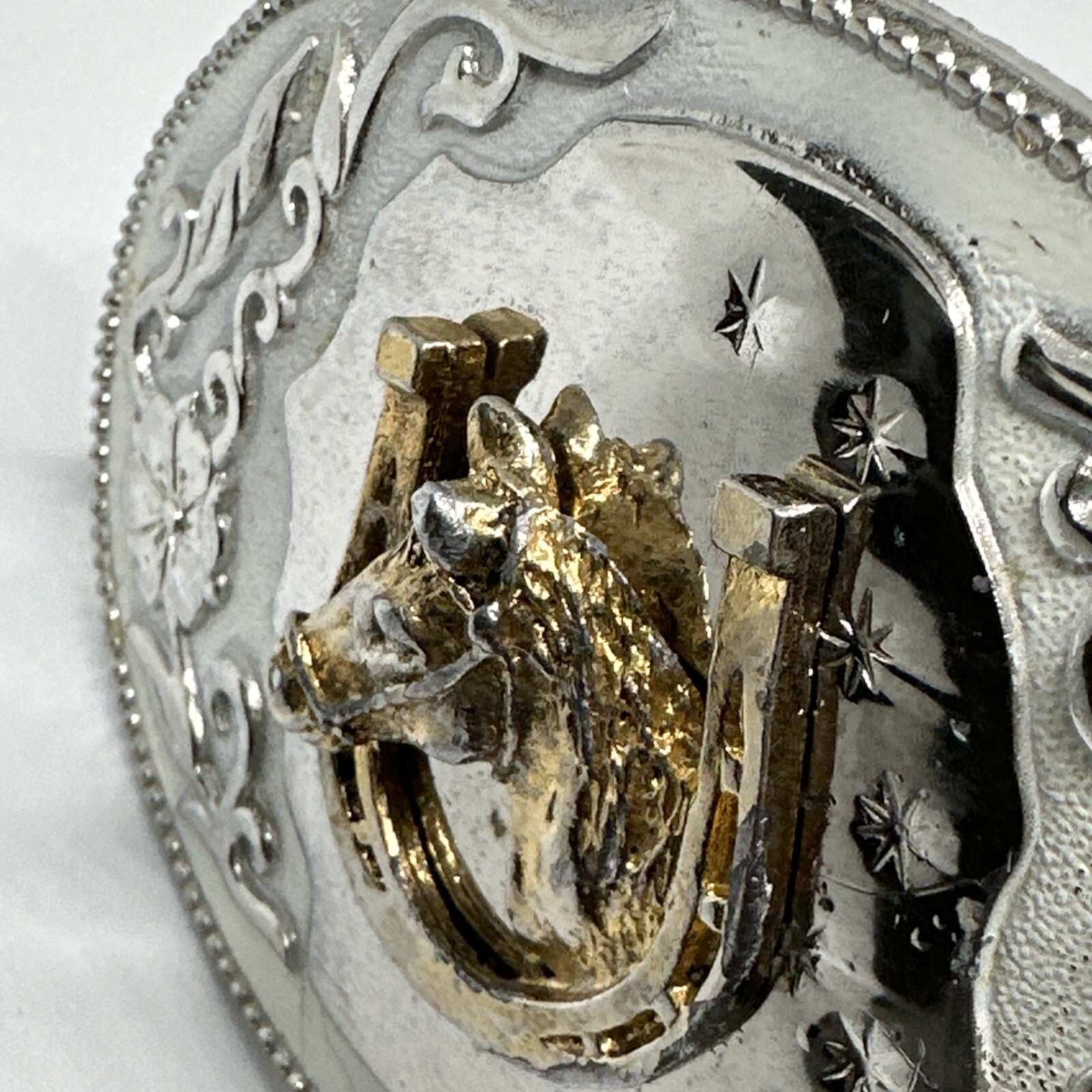 Vintage Horse Head In Horseshoe Western Belt Buckle Hibiscus Amapola FlowerVine