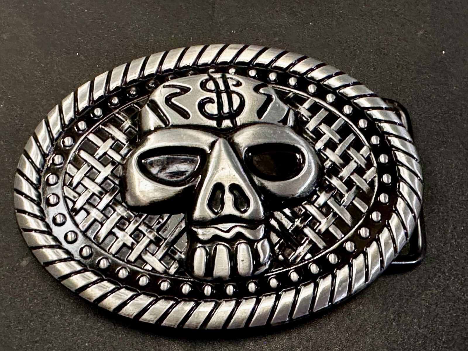 Skull Head $ Dollar Sign Black Silver Color Money Bags NOS Belt Buckle