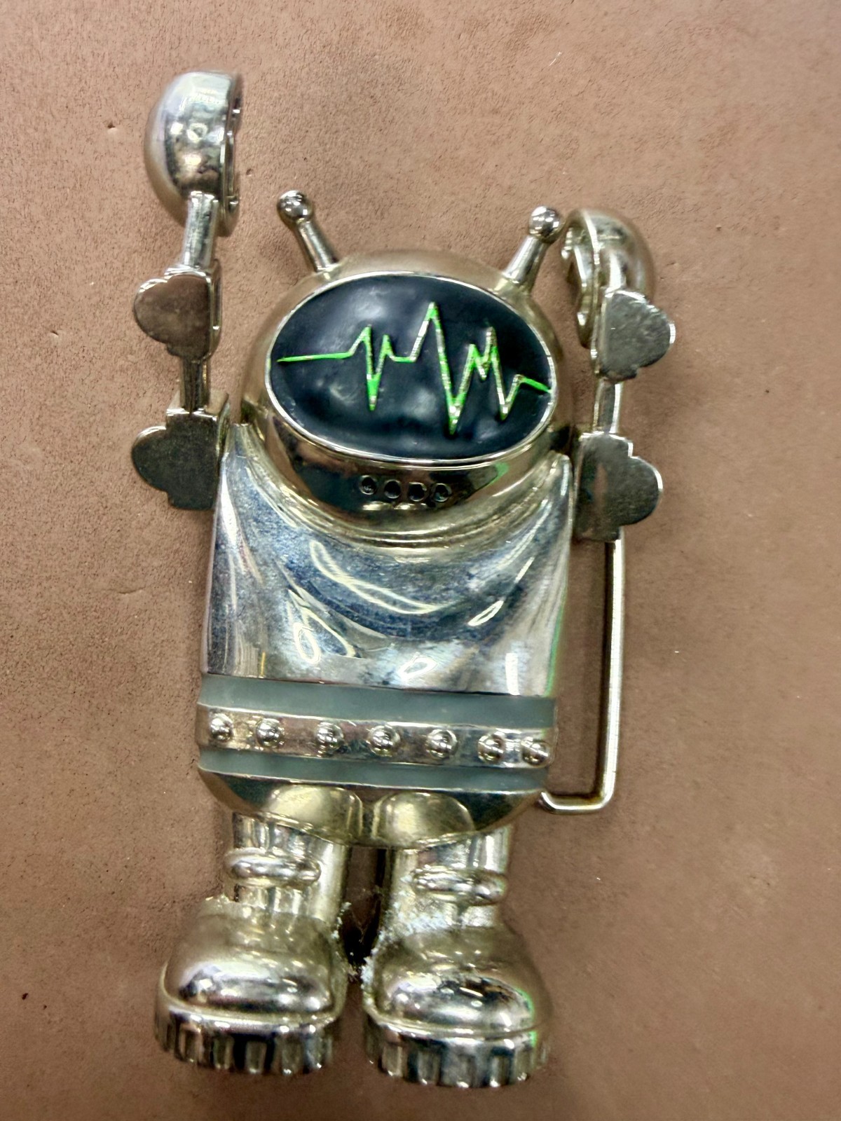 Outer Space Suit Alien Astronaut Chrome Figural Moving Arms Toy Like Belt Buckle