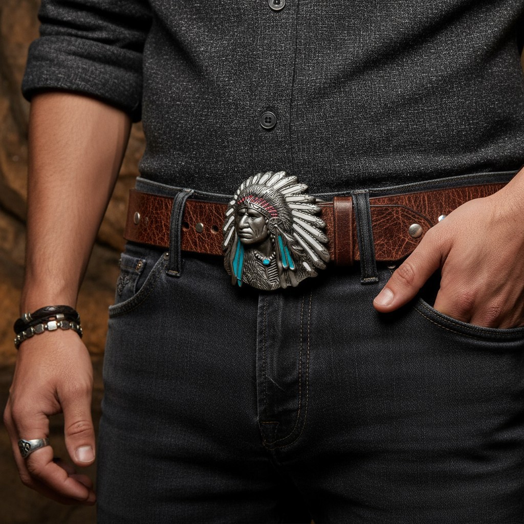 Men Silver Metal Western Fashion Belt Buckle Cowboy Native American Indian Face