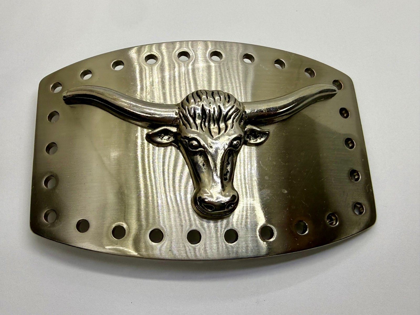 Longhorn Steer Skull Raised Silver Tone Large Belt Buckle With Hole Border