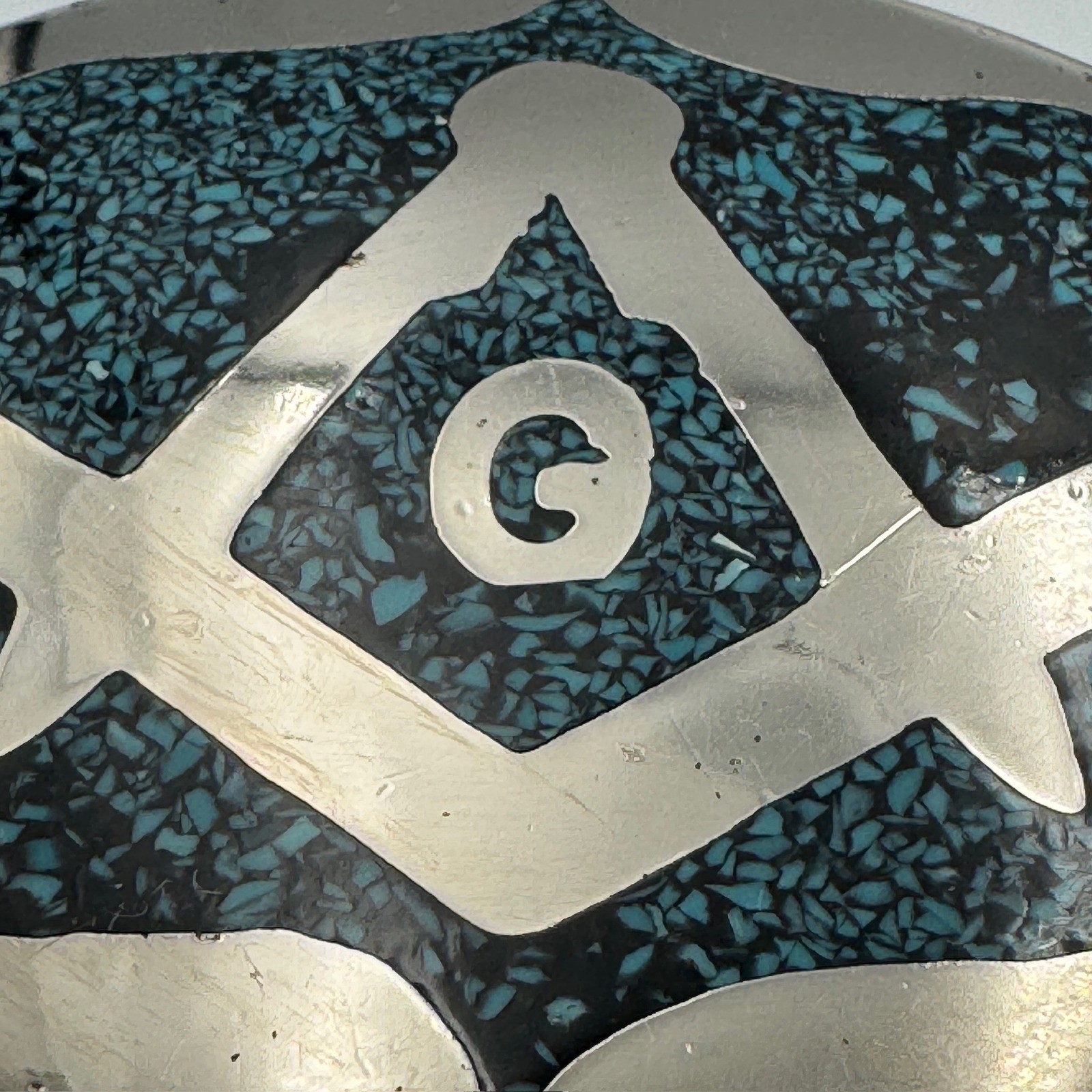 Vintage Masonic Belt Buckle Turquoise Chip Inlay Compass Silver Tone
