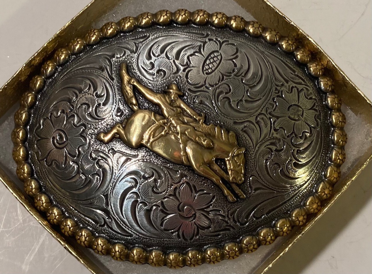 Vintage Metal Belt Buckle, Brass and Silver, Bronco Busting, Horse Riding, Cow