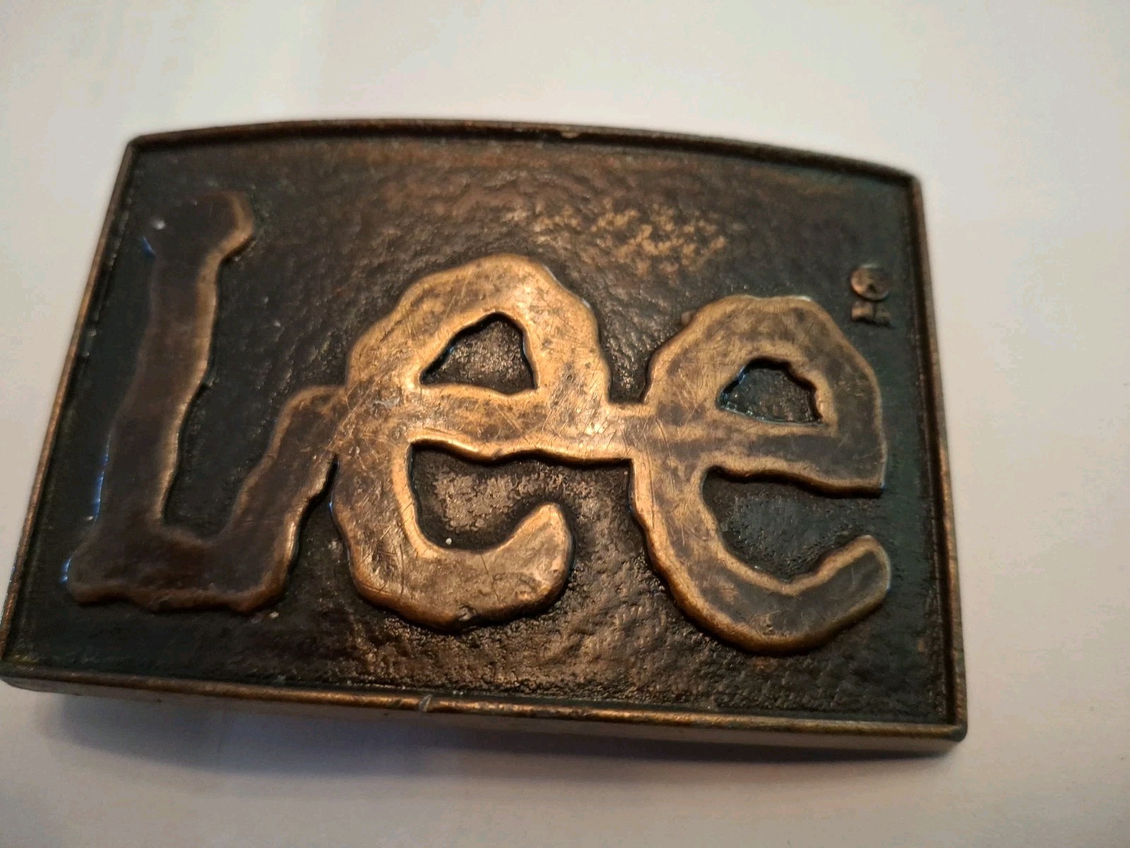 Vintage Lee Jeans Belt Buckle Brass Tone Raised Logo Rectangle 2&Prime; X 3&Prime;