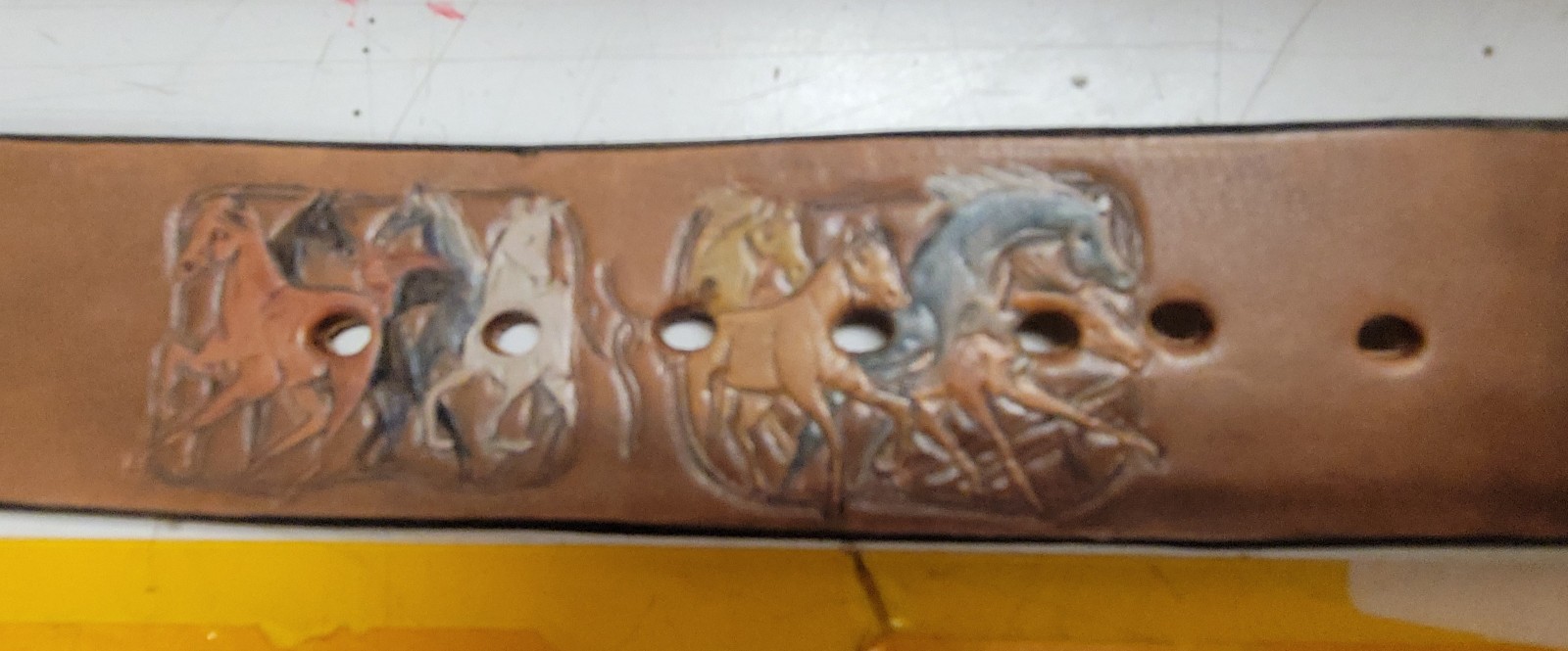 Sky West Brass Wood Inlay Buckle n Stamped Leather Belt