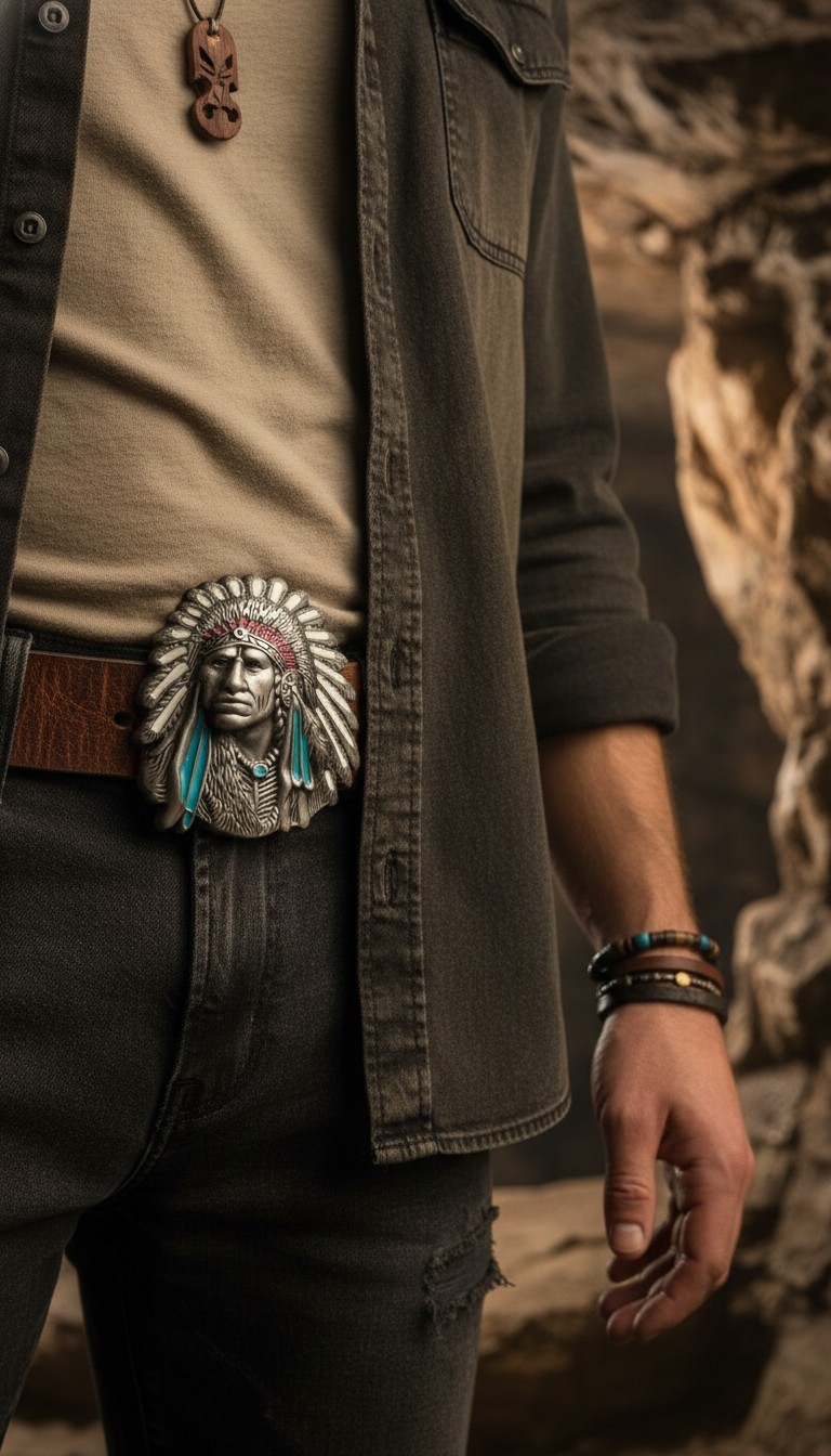Men Silver Metal Western Fashion Belt Buckle Cowboy Native American Indian Face