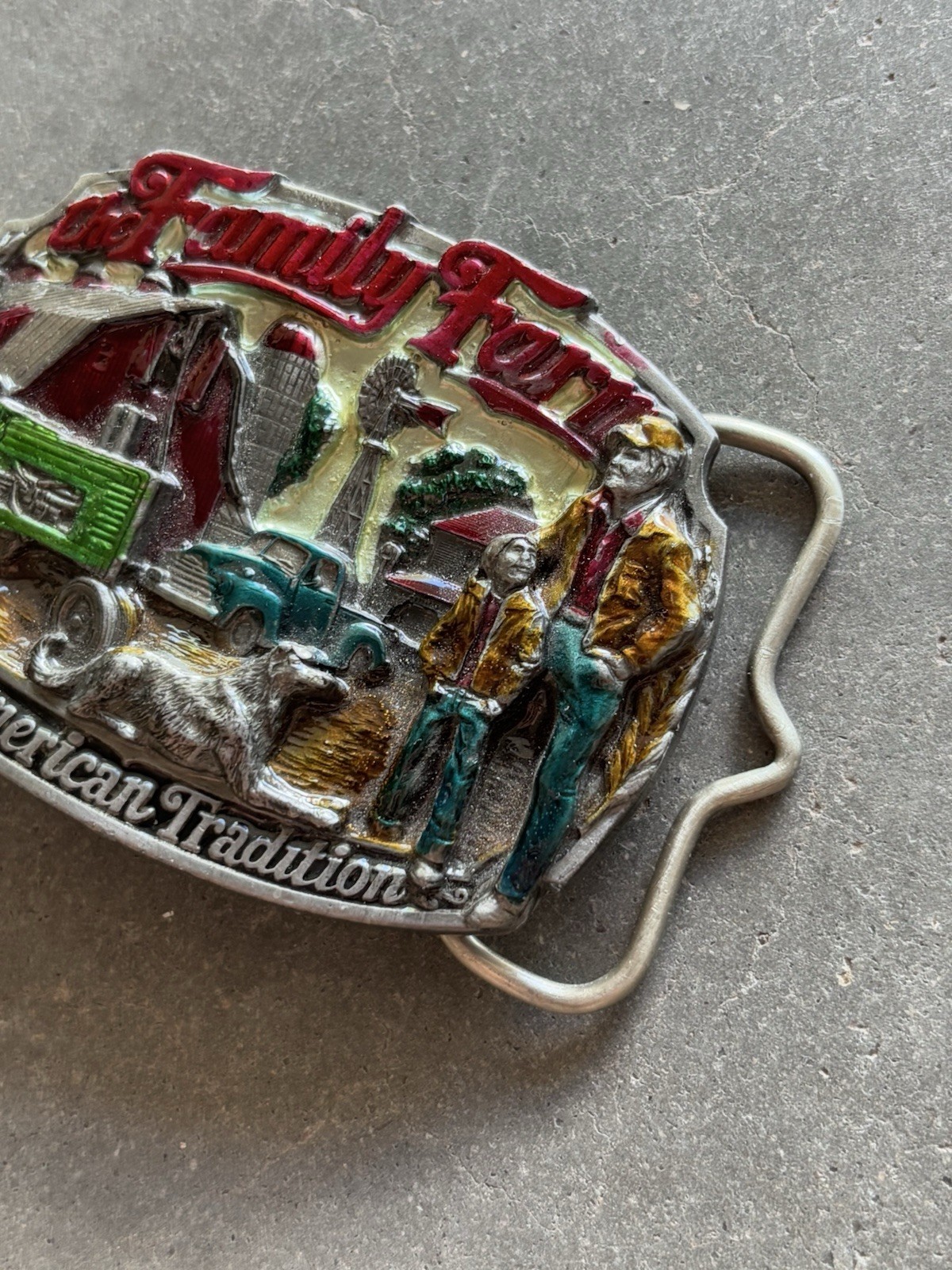 Vintage 1986 C&J Enamel Family Farm Scene Pewter Belt Buckle American Tradition