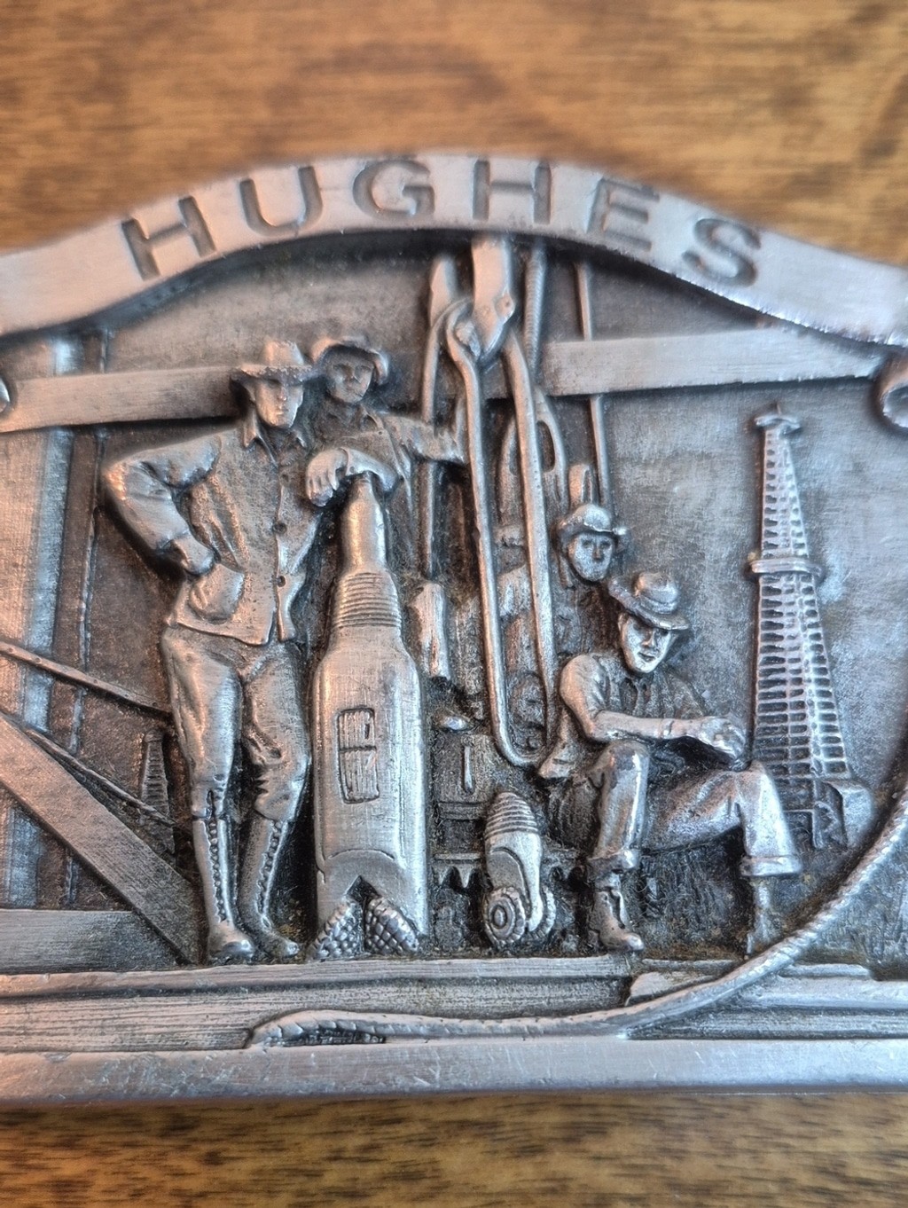VINTAGE Pewter Hughes Oil Tool Division Belt Buckle Rock Bit Drilling Rig Detail