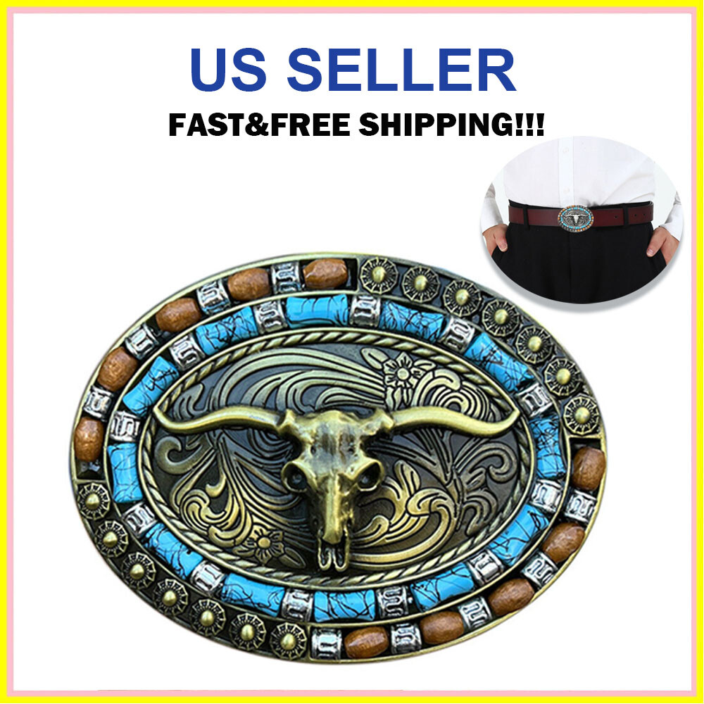 Gold Western Cowboy Belt Buckle Unisex Turquoise Cow Skull Belt Buckle USA