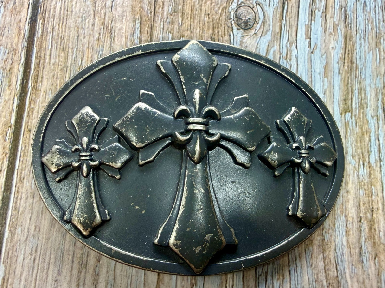 Fleur-de-lis Triple Maltese Style Three Cross Gothic Punk Biker Vibe Belt Buckle