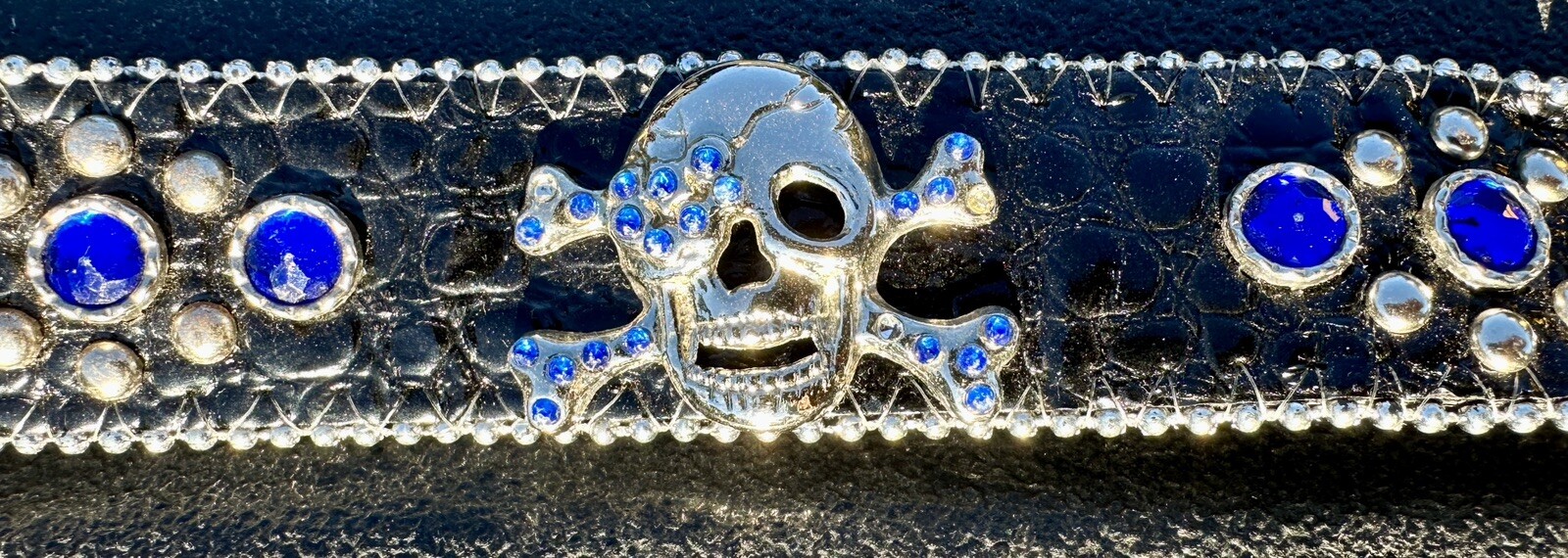 Skull covered in Clear & Blue Rhinestones Belt & Belt Buckle,Missing Some Stones