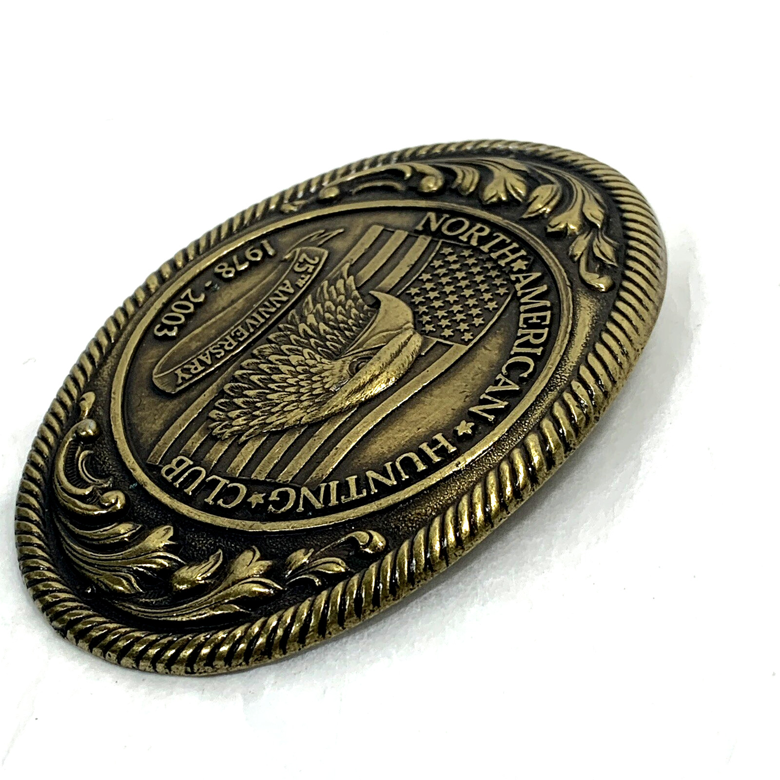 North American Hunting Club Brass Belt Buckle 25th Ann 1978-2003 Oval Eagle Flag