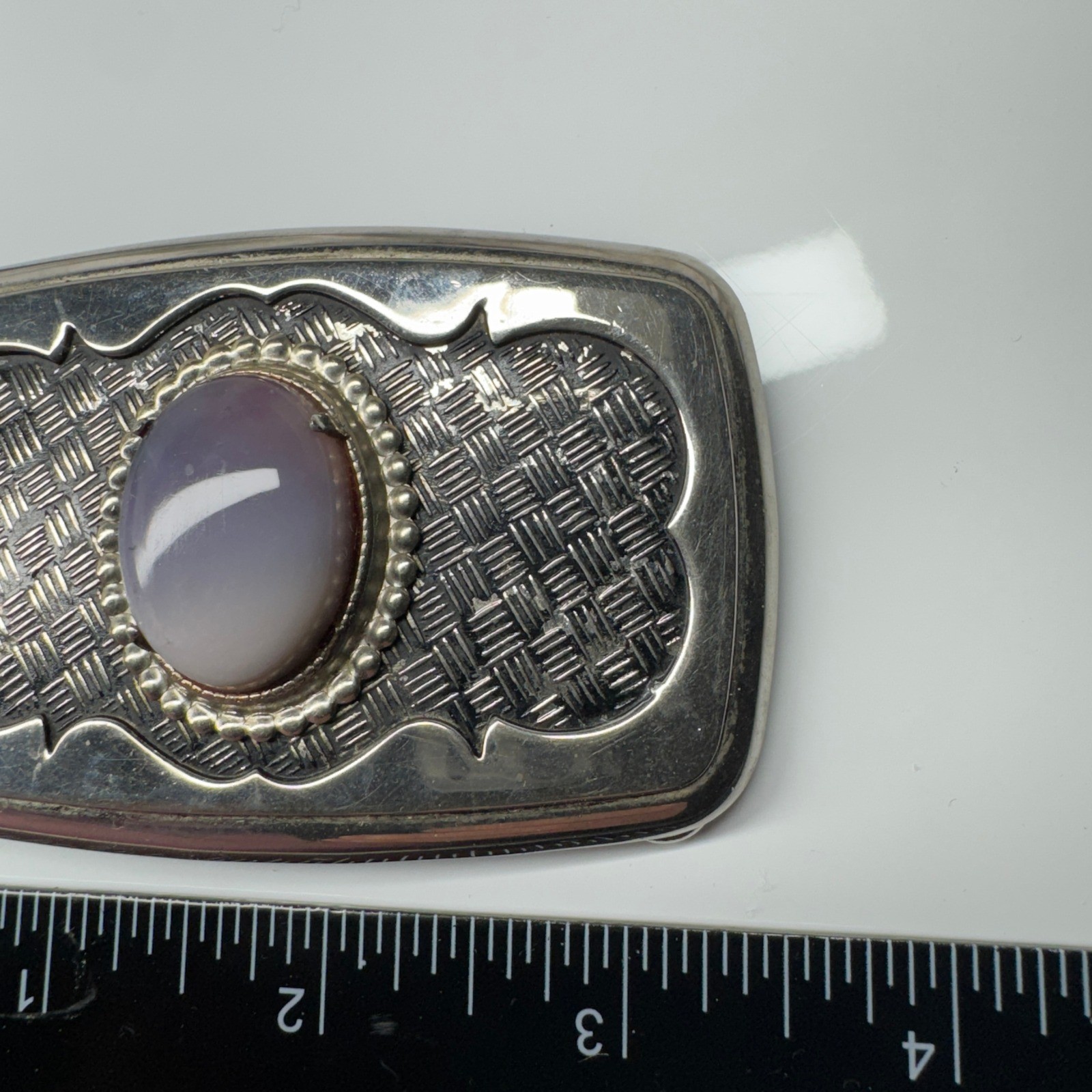 Vintage Western Style Oval Stone Belt Buckle Silver Tone Woven Pattern