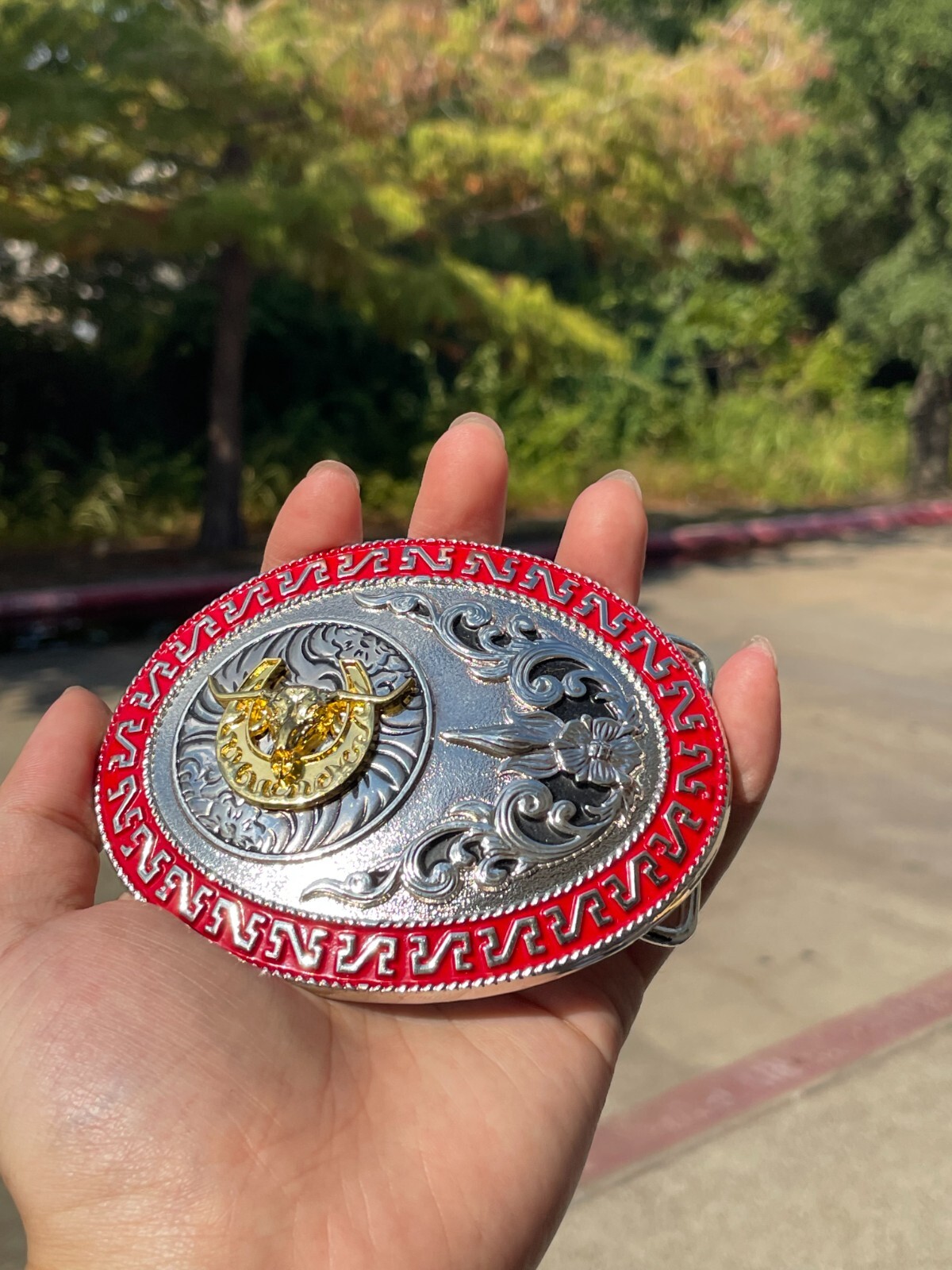 Western Buckle Gold Silver Red Longhorn Horseshoe Rodeo Bull Cowboy Fit 2 »