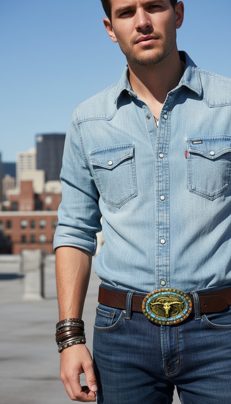 Men Dark Gold Metal Buckle Western Fashion Bull Long Horn Texas Cow Cowboy Style