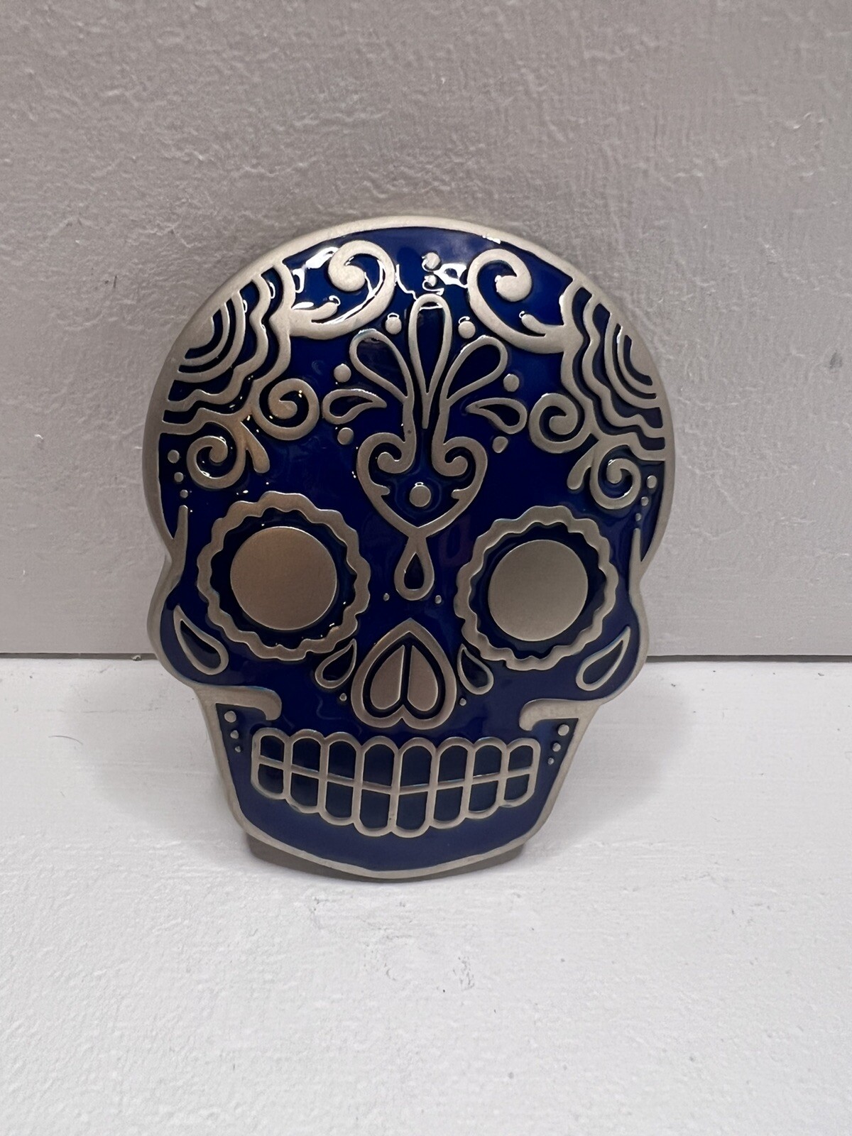 Belt Buckle Sugar Skull Blue Silver Tone Metal – NEW