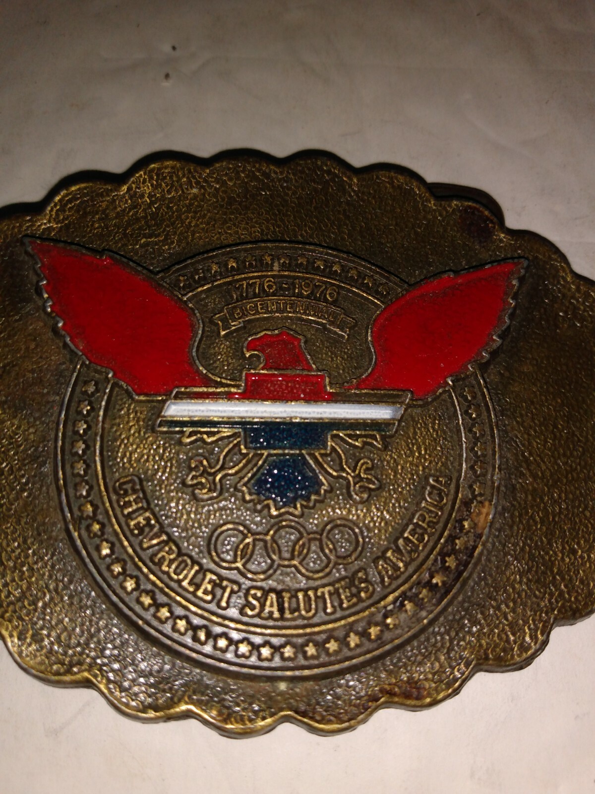 Vintage Chevrolet Salutes America BELT BUCKLE USA Bicentennial Olympics 1970&rsquo;s
