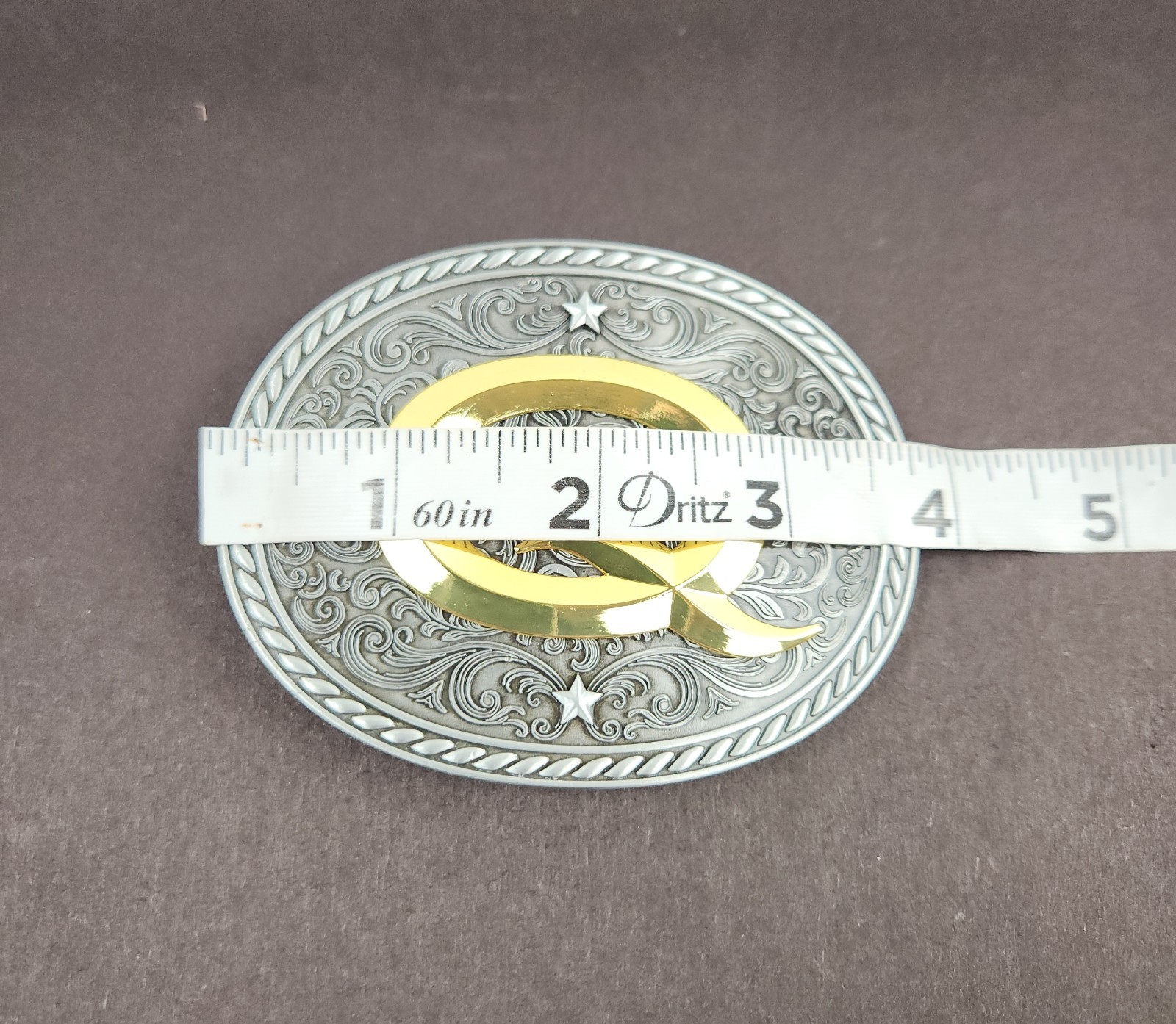 Western Belt Buckle Letter Q Initial Two Tone Pewter And Gold Oval