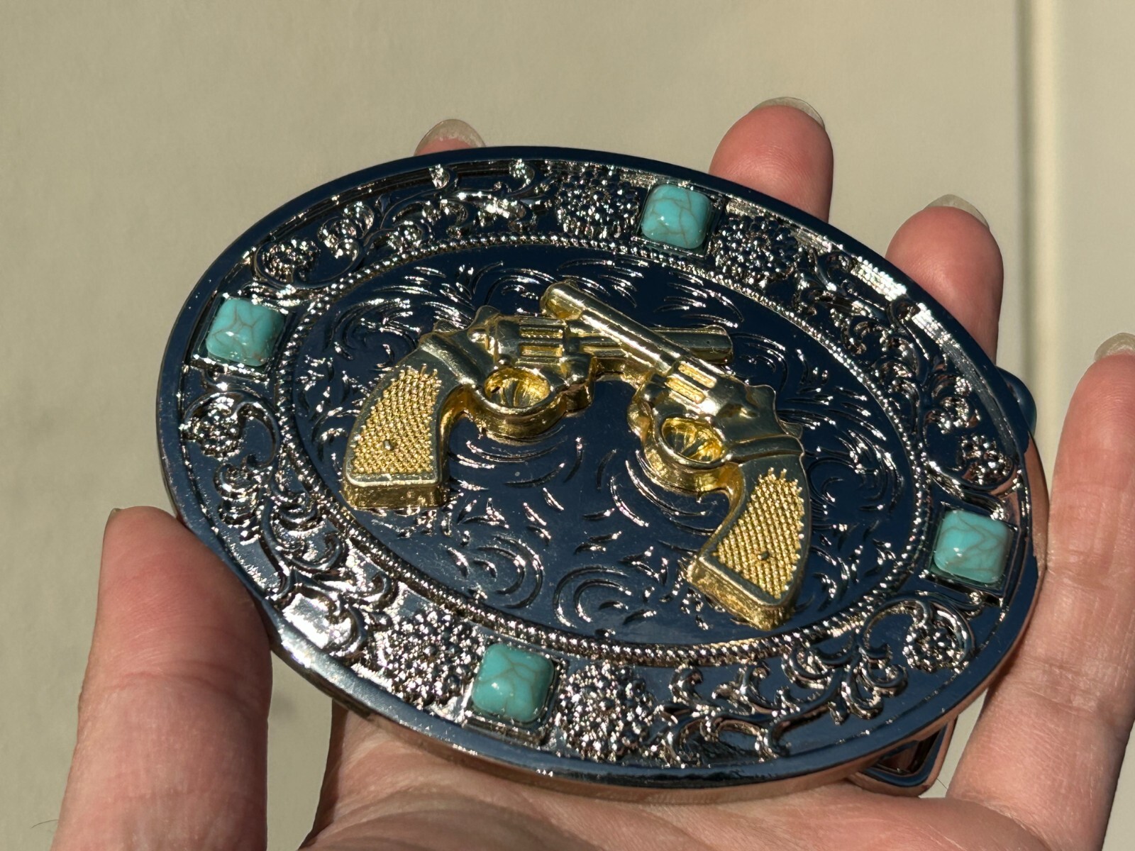 Western Guns Buckle Men Unisex Turquoise Silver Chrome Oval Engraved Fit 2 »