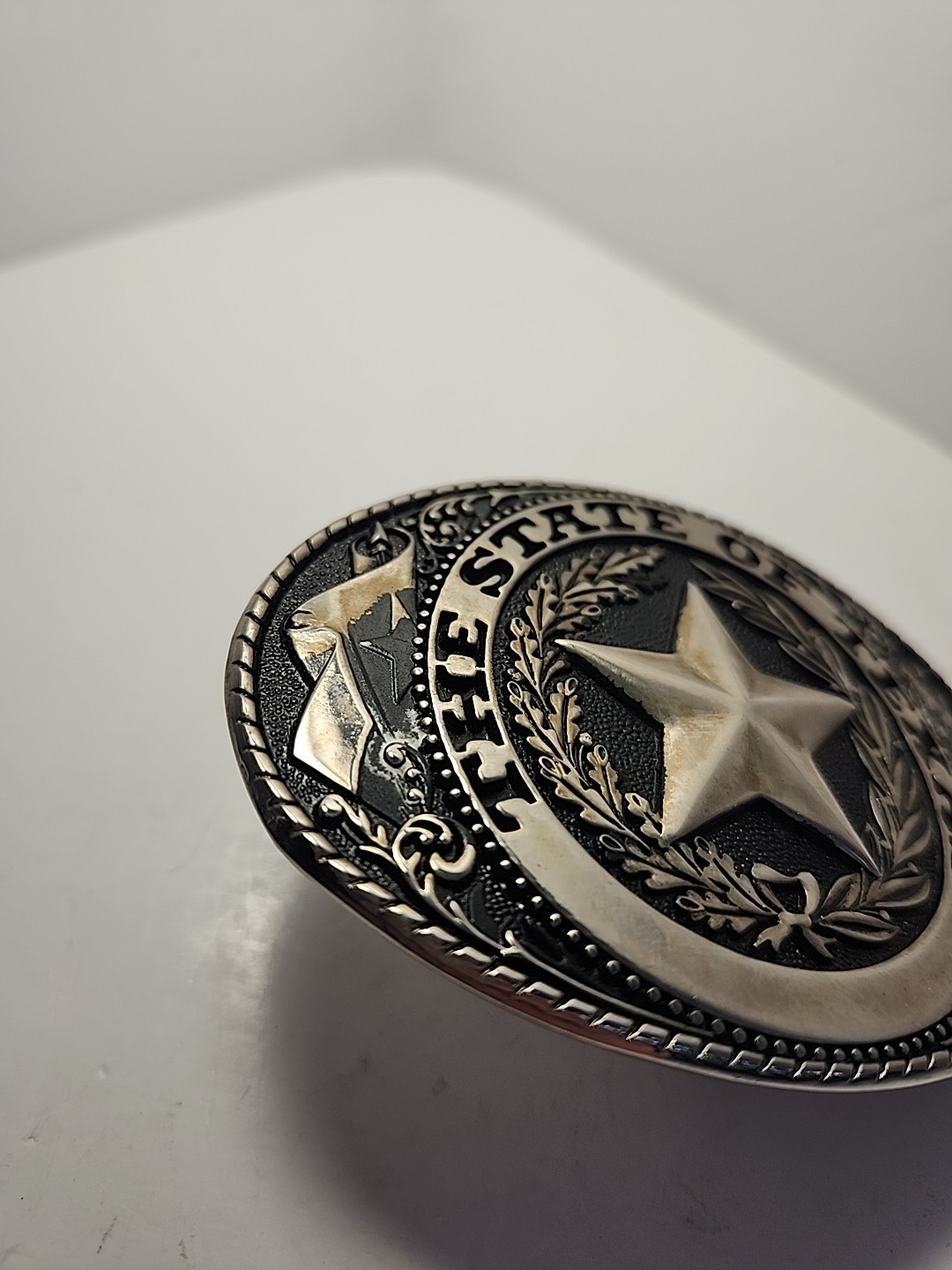 Vintage Sliver Tone The State of Texas Belt Buckle 3.75&Prime; Western Oval Star -jj