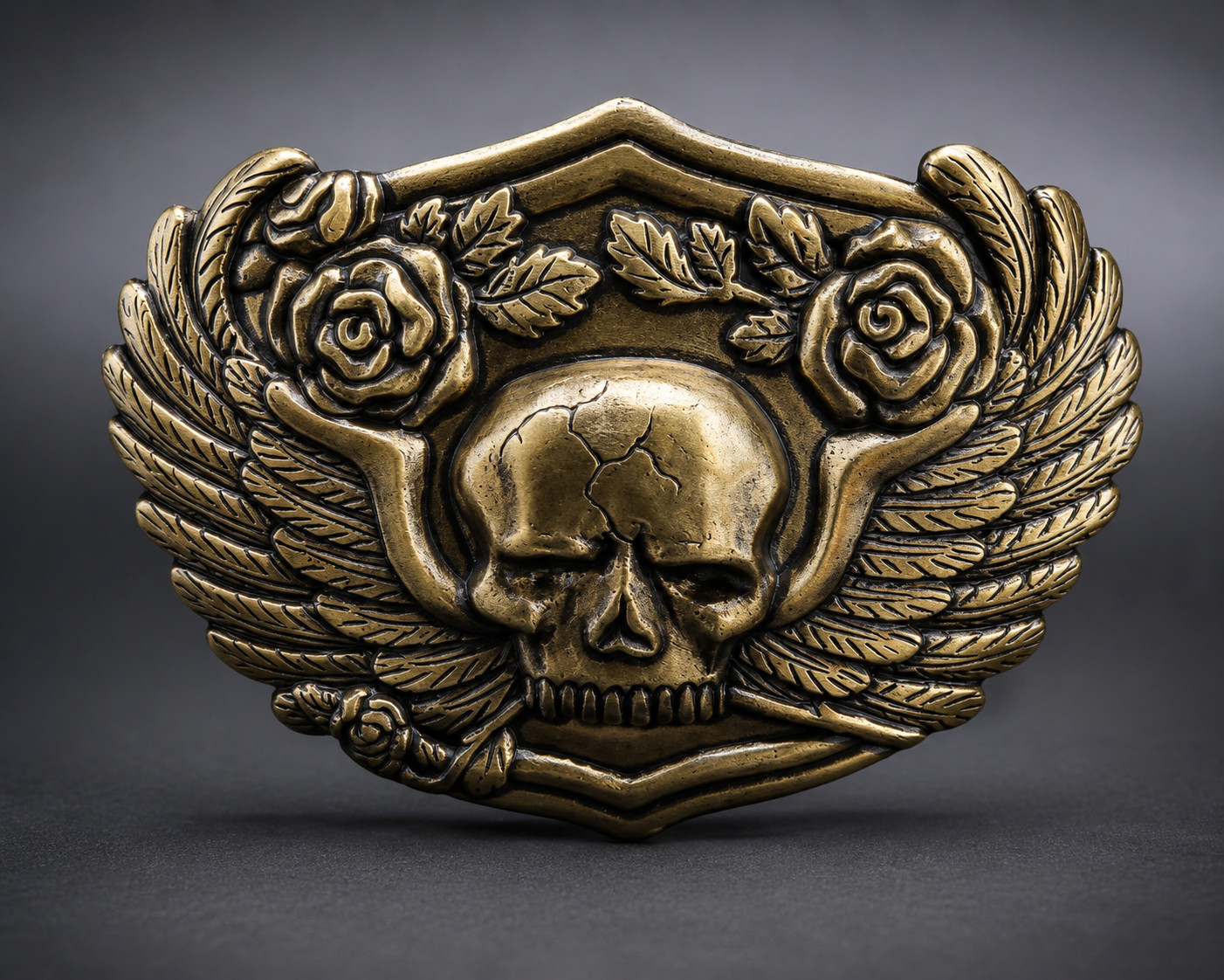 Vintage Silver Skull Belt Buckle With Wings And Roses Biker Gothic