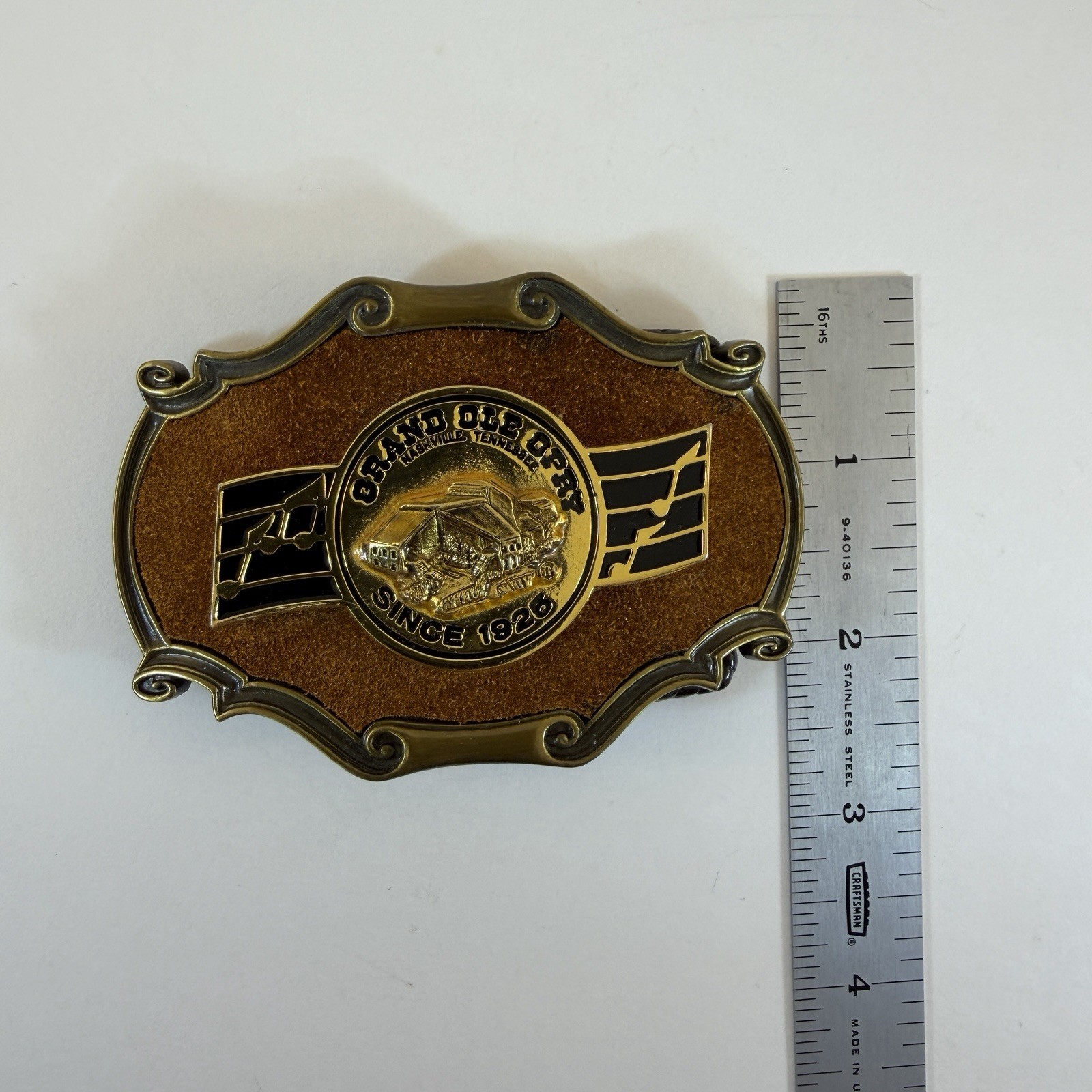 RainTree Grand Ole Opry Metal Brushed Suede Western Belt Buckle 3.75 Inch 1970’s