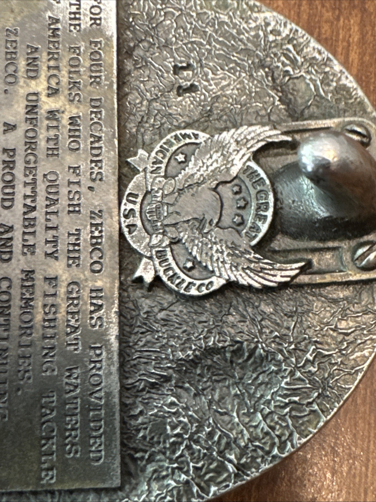 Vintage 1989 ZEBCO 40TH ANNIVERSARY Belt Buckle Limited Edition Fishing 2.75&Prime;