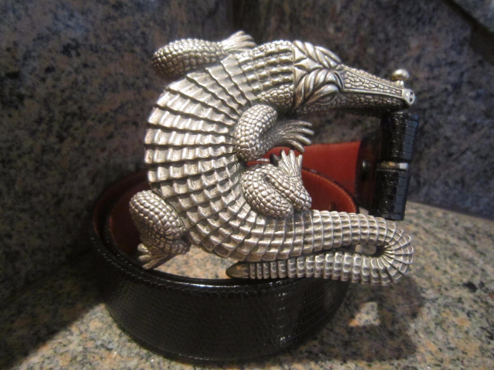 Huge Kieselstein-Cord Sterling Alligator Buckle and Black Lizard Belt Size 1