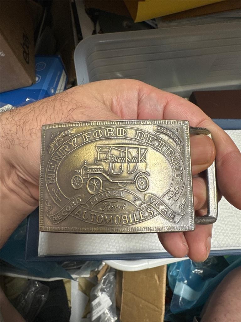 Vintage Henry Ford Detroit Brass Belt Buckle and Key Chain