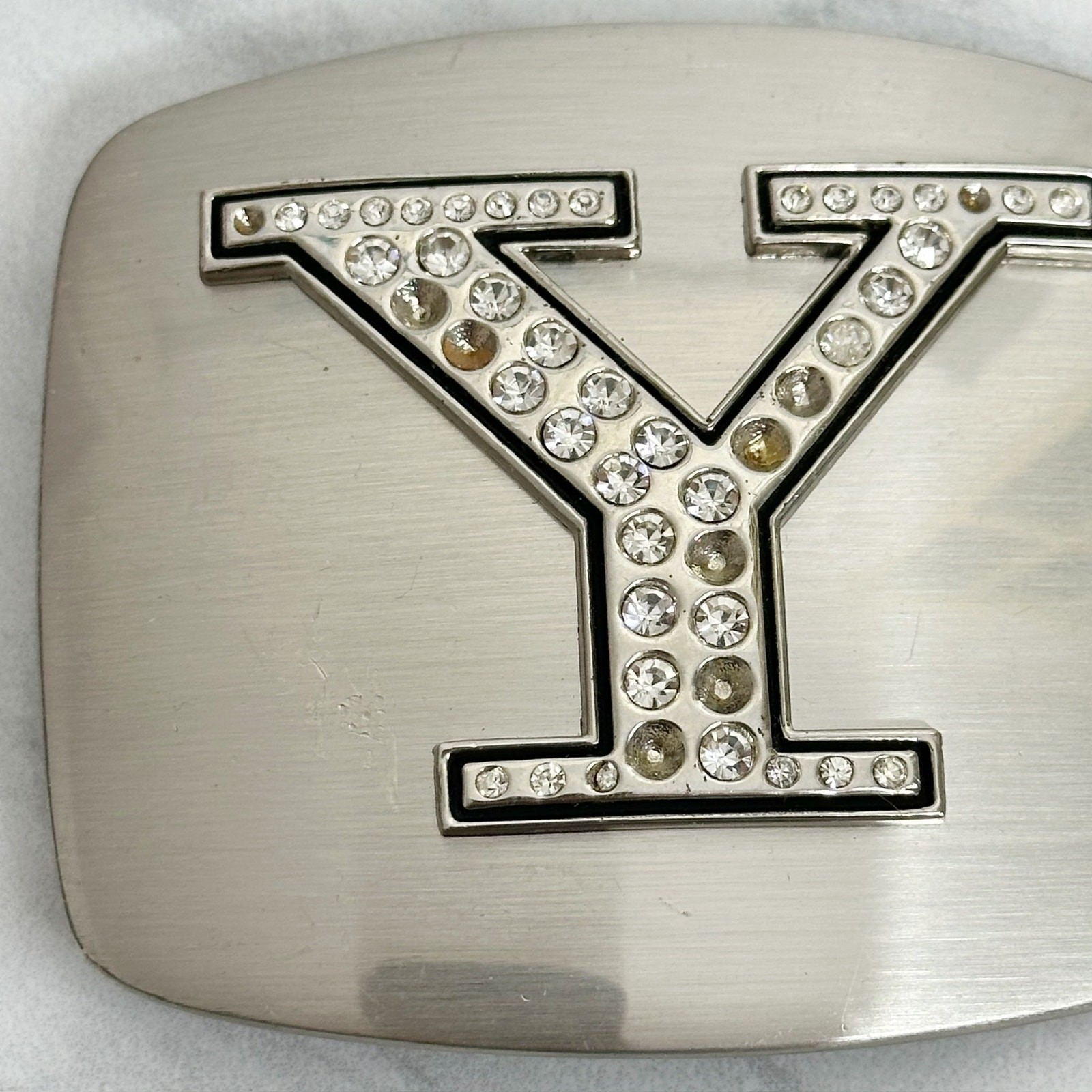 Rhinestone Studded Y Letter Initial Monogram Silver Tone Belt Buckle